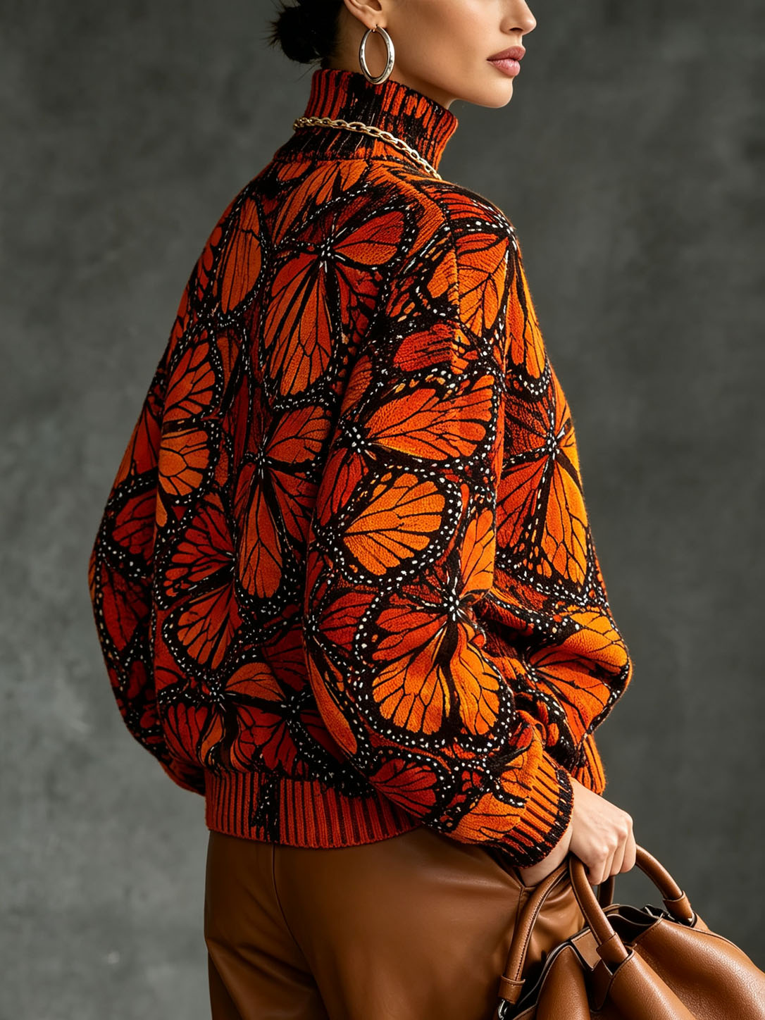 Women’s Printed Turtleneck Sweater – Stylish Butterfly Graphic Knit Pullover for Fall Winter