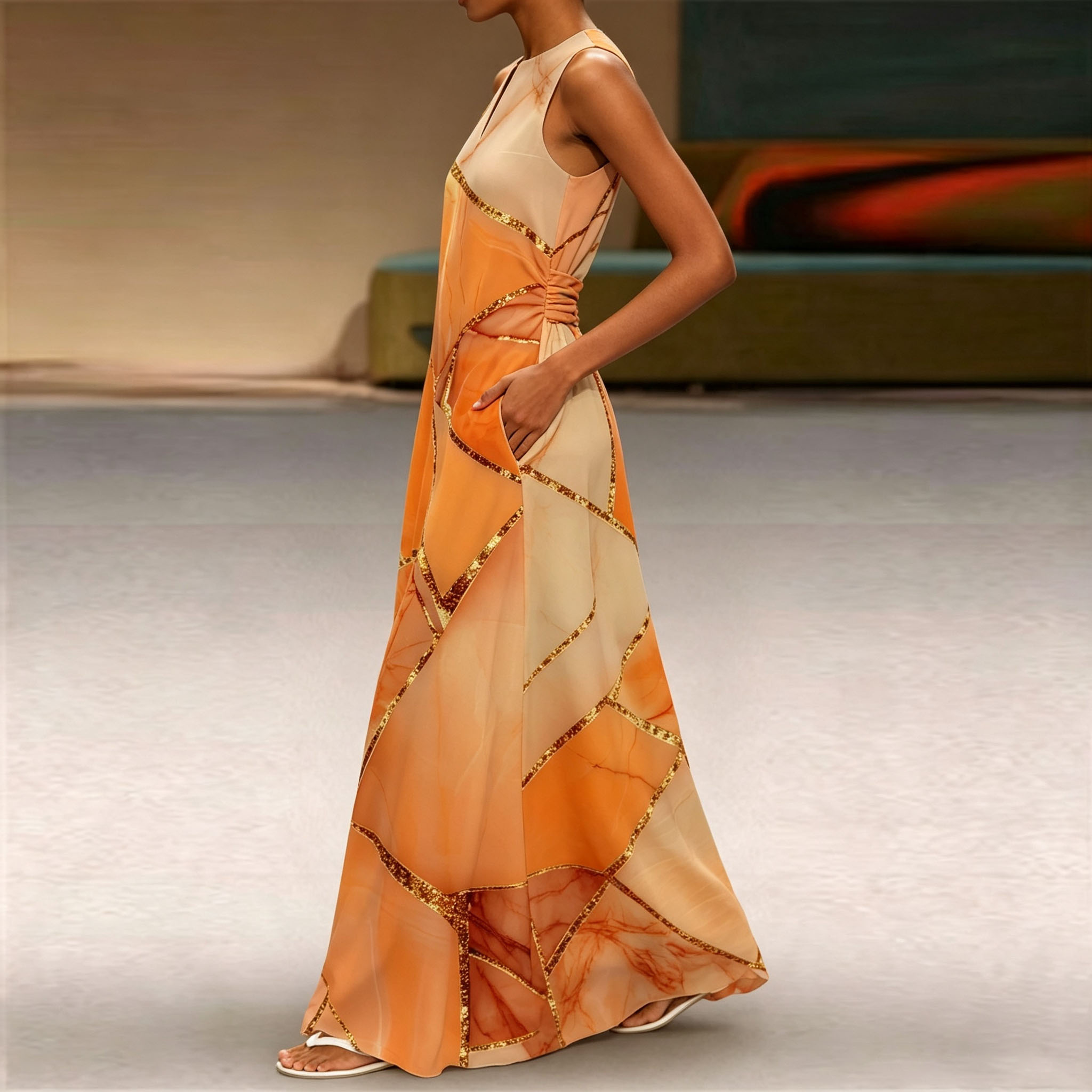 Women's Abstract Marble Print Maxi Dress – Sleeveless A-Line Long Dress with Pockets, Elegant Summer Vacation Dress