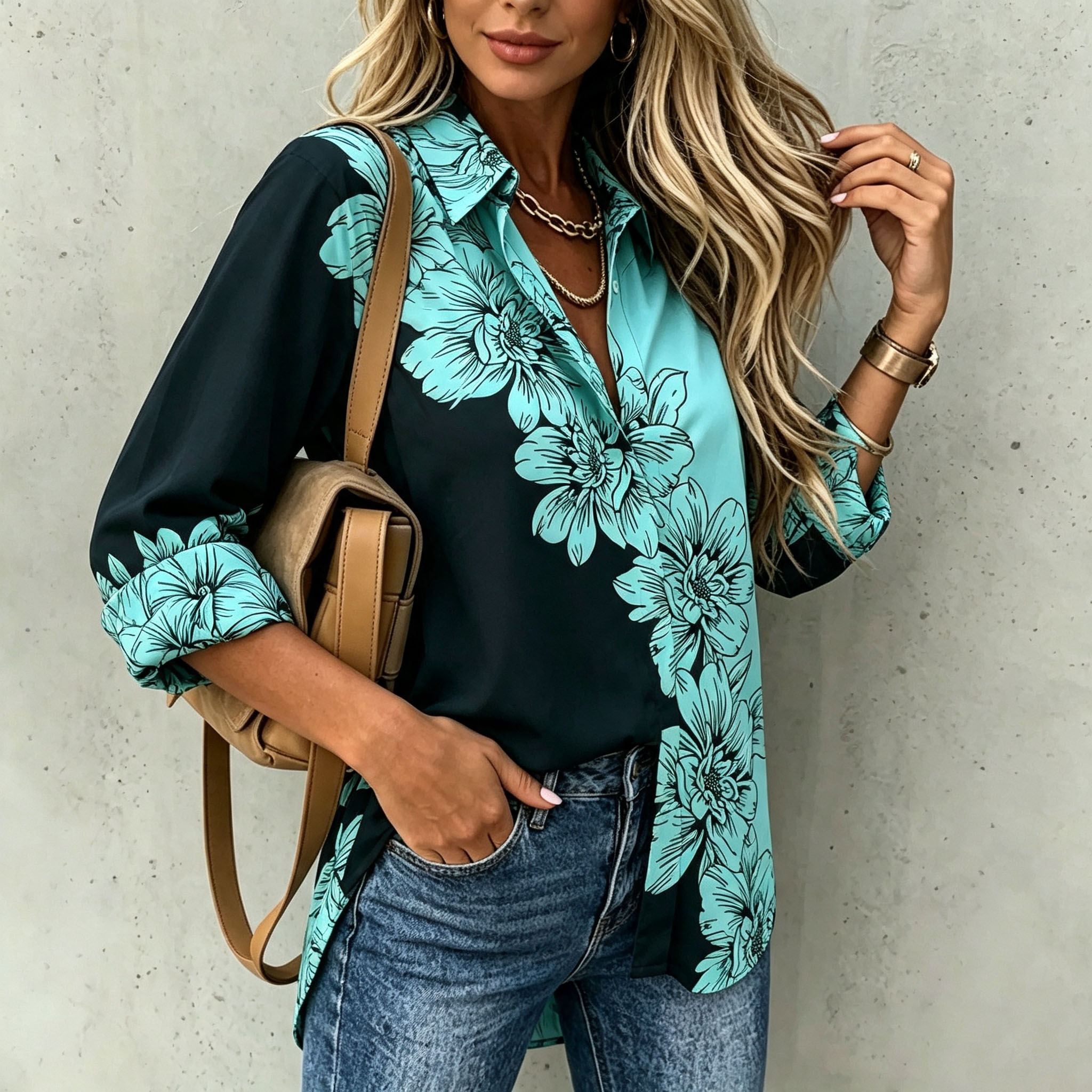 Women's Floral Print Button Down Shirt Turquoise Black Graphic Blouse Casual Loose Fit Long Sleeve Top Elegant Artistic Shirt Fashion Streetwear Clothing-gemscharms