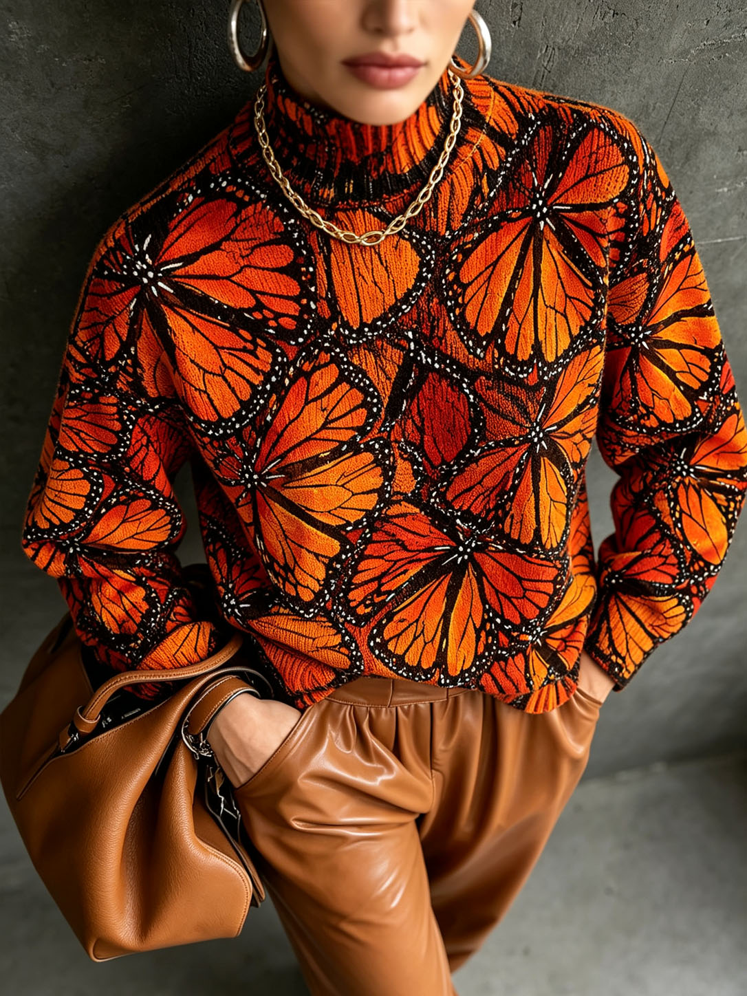 Women’s Printed Turtleneck Sweater – Stylish Butterfly Graphic Knit Pullover for Fall Winter