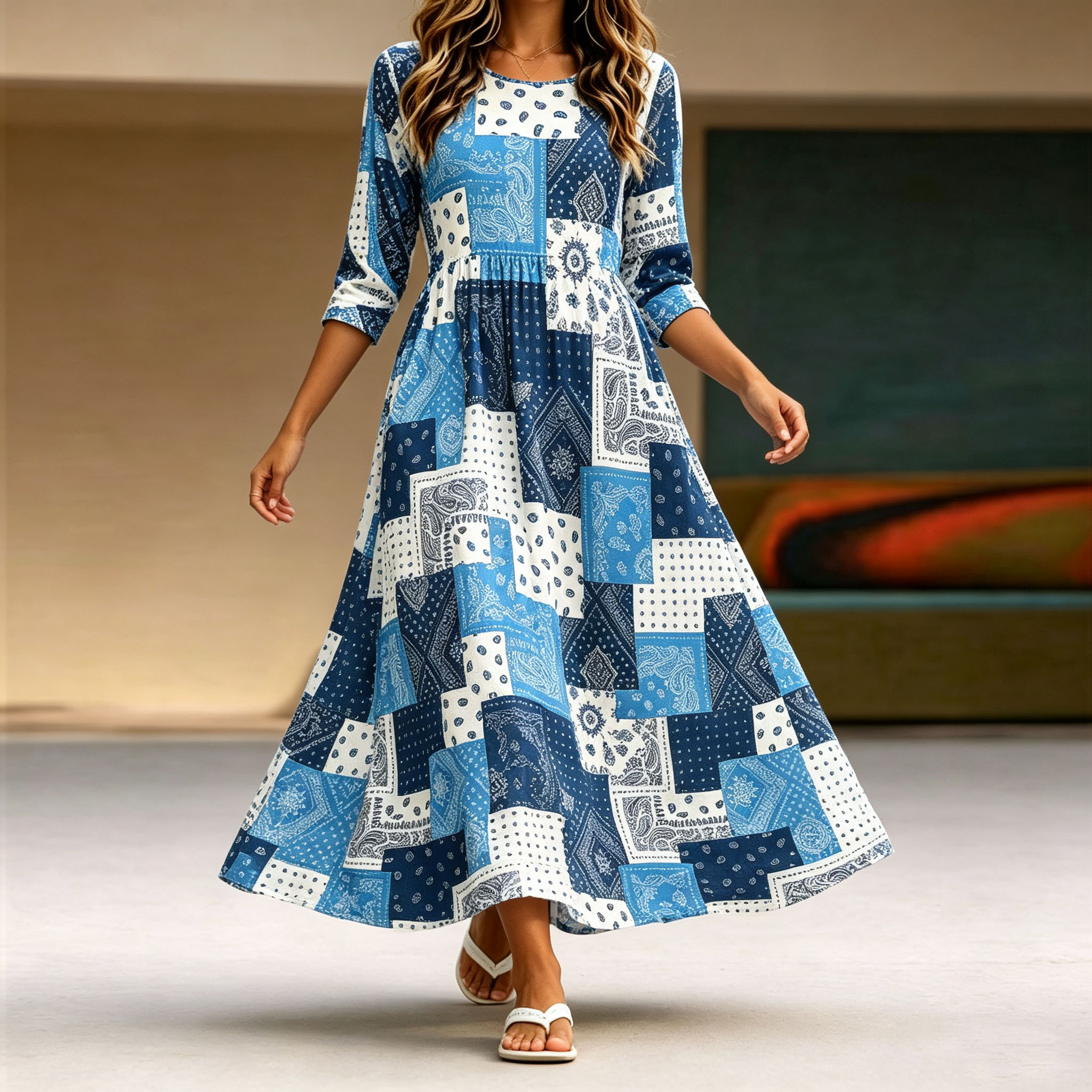 Women's Blue Patchwork Maxi Dress 3/4 Sleeve Casual A Line Swing Dress with Pockets, Boho Vintage Long Dress for Summer Vacation