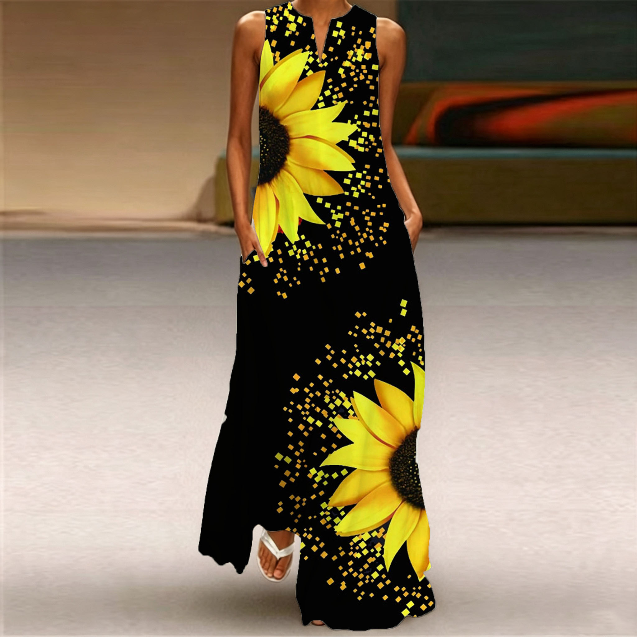 Women Sleeveless Notch V‑Neck Maxi Dress, Black Base Sunflower Print Loose Fit Flowy Long Summer Dress With Side Pockets