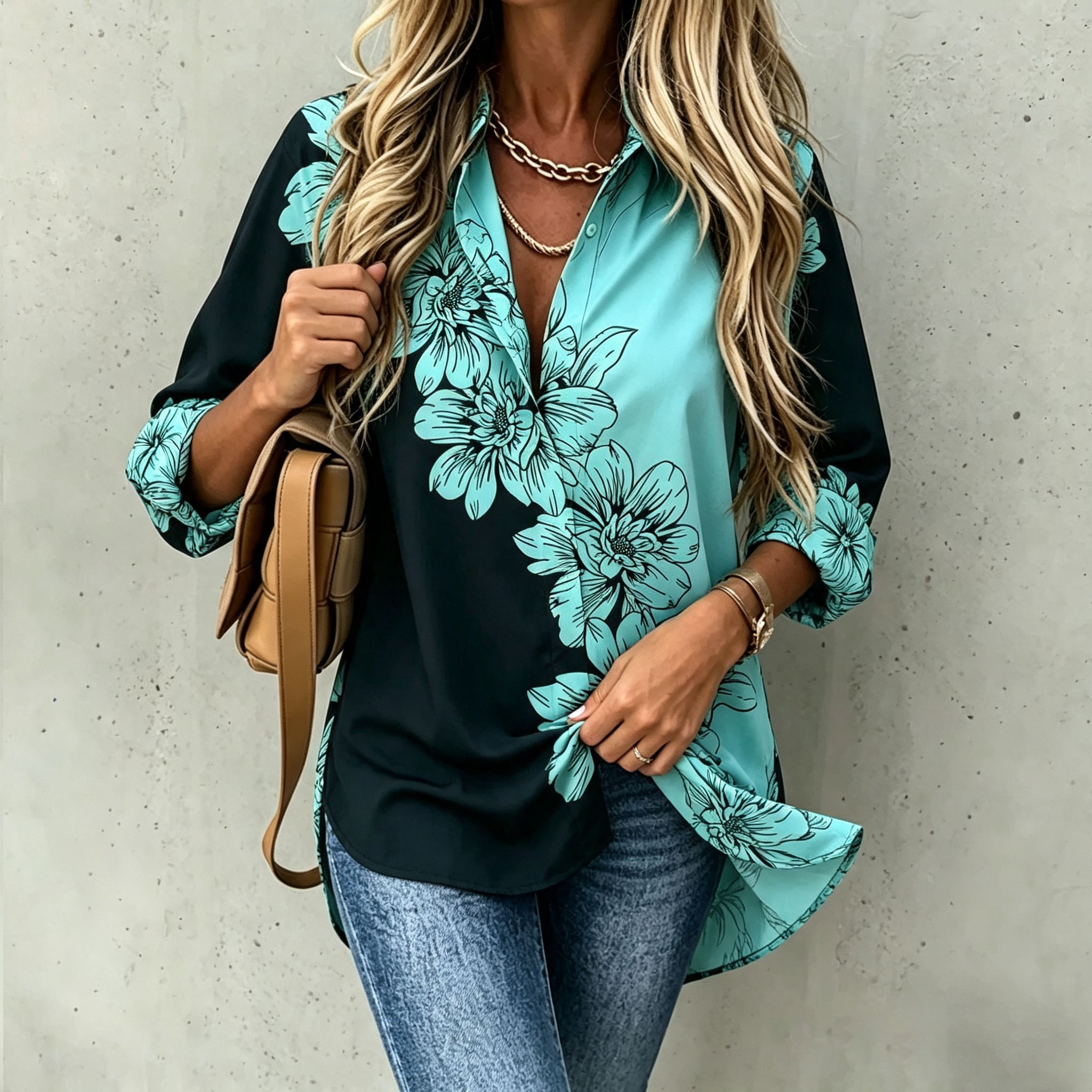 Women's Floral Print Button Down Shirt Turquoise Black Graphic Blouse Casual Loose Fit Long Sleeve Top Elegant Artistic Shirt Fashion Streetwear Clothing-gemscharms