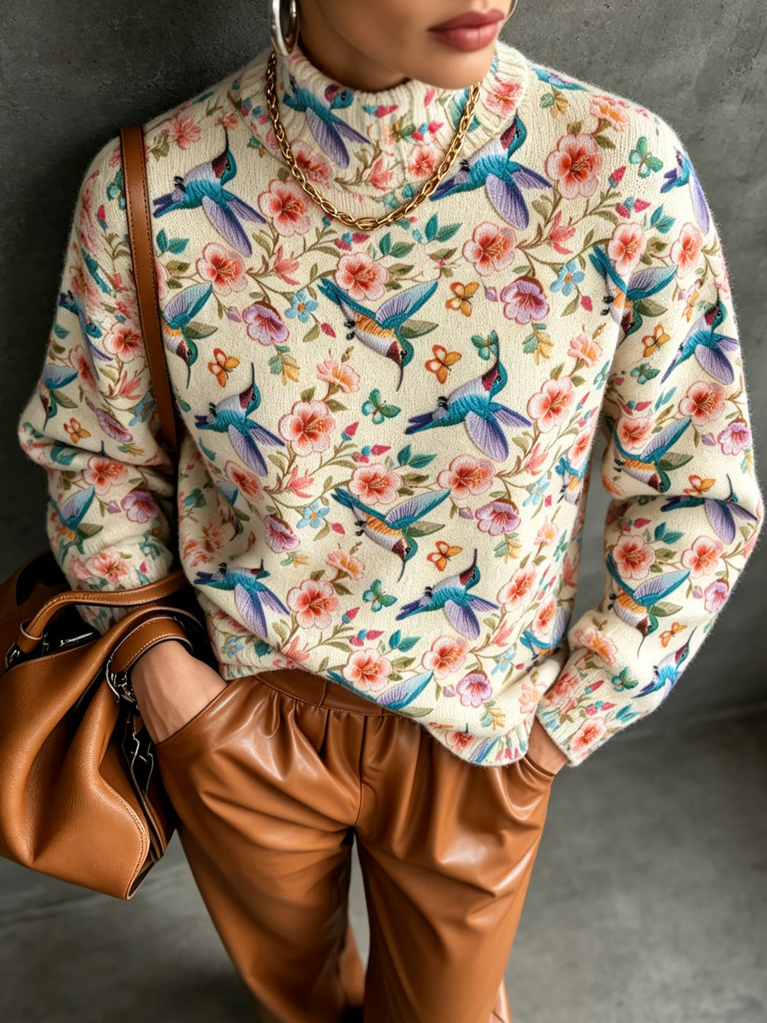 Women's Floral Print Sweater Long Sleeve Mock Neck Knit Pullover Top Colorful Bird Printed Casual Loose Fit Fall Winter Fashion