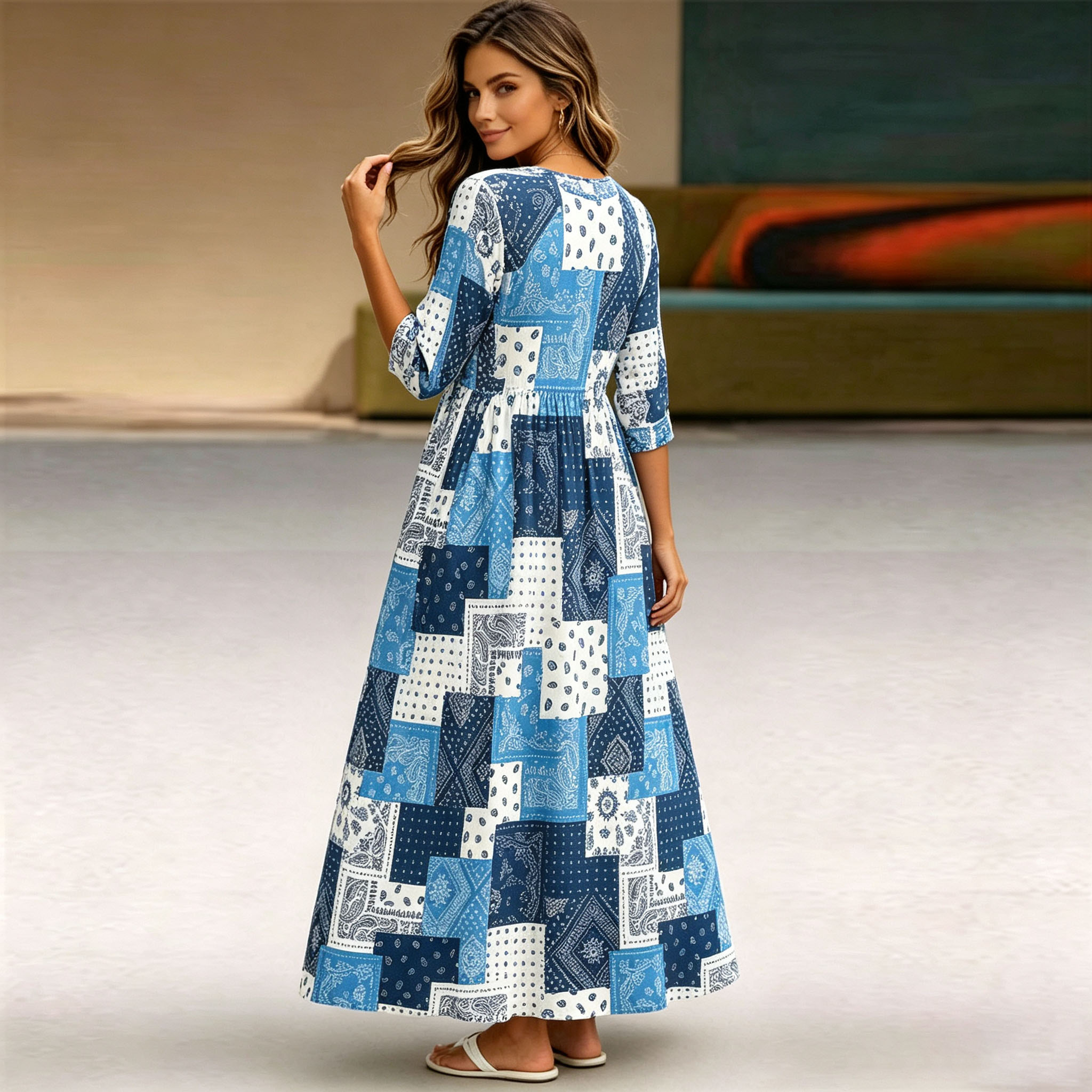 Women's Blue Patchwork Maxi Dress 3/4 Sleeve Casual A Line Swing Dress with Pockets, Boho Vintage Long Dress for Summer Vacation