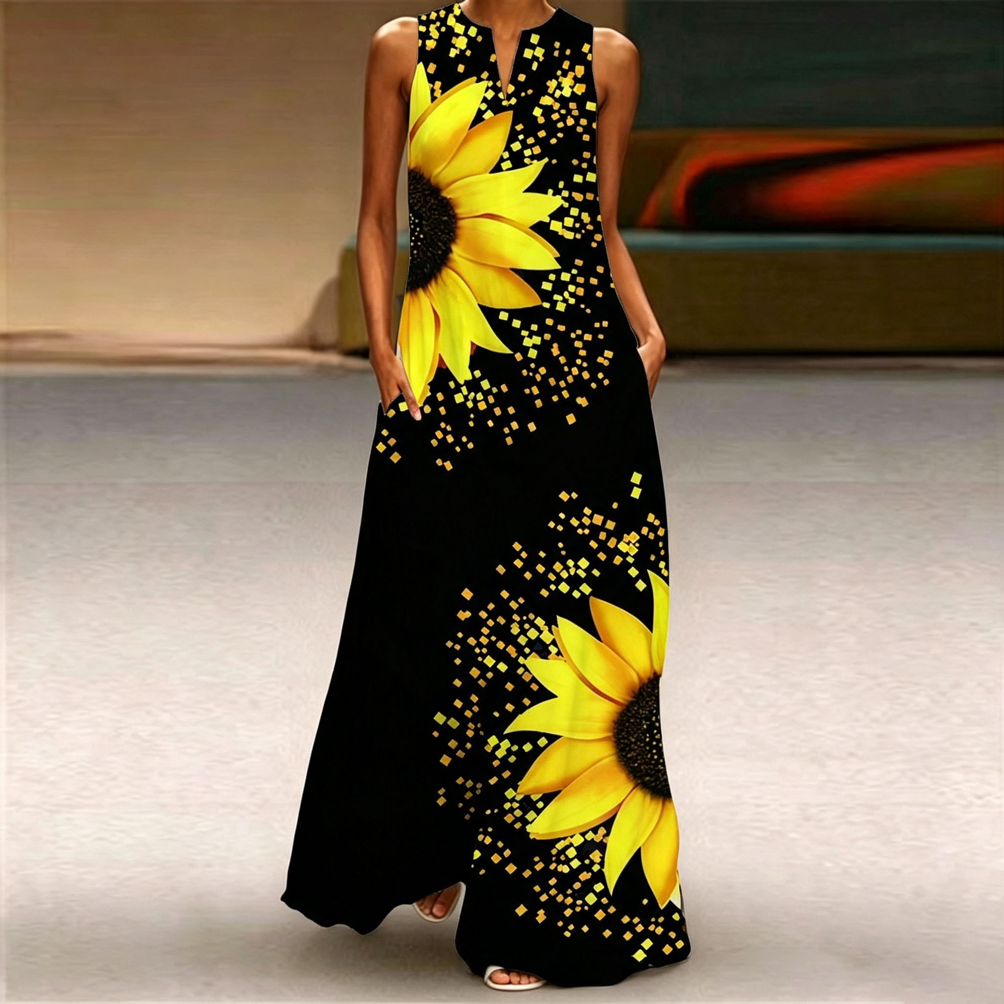 Women Sleeveless Notch V‑Neck Maxi Dress, Black Base Sunflower Print Loose Fit Flowy Long Summer Dress With Side Pockets