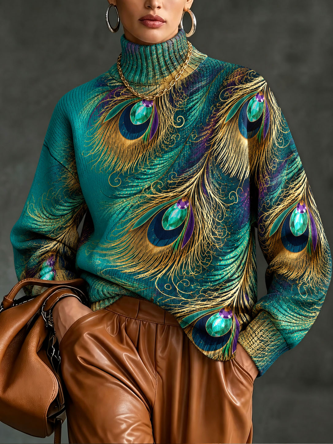 Women's Peacock Feather Print Sweater Long Sleeve Mock Neck Knit Pullover Top Colorful Graphic Printed Casual Loose Fit Fall Winter Fashion
