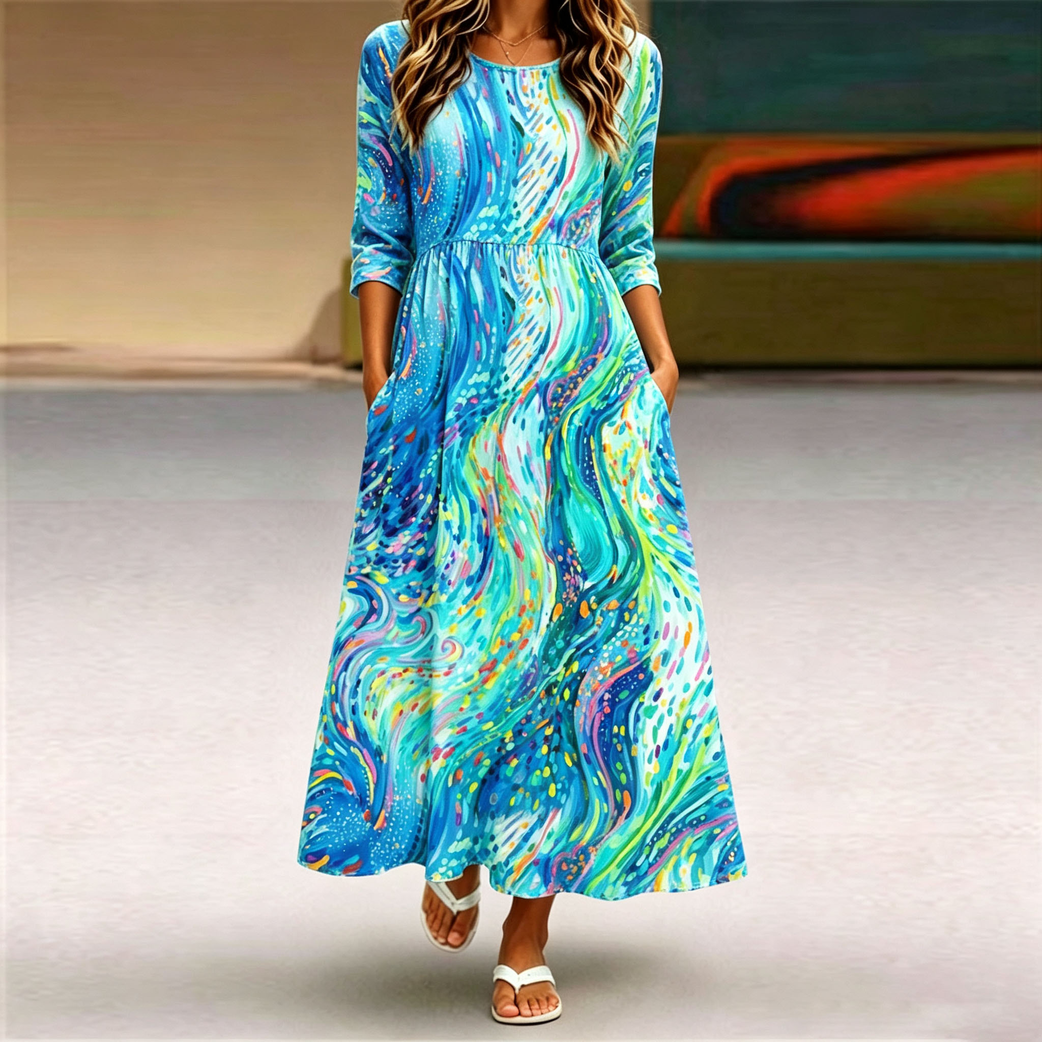 Women's Boho Maxi Dress 3/4 Sleeve Casual A-Line Long Dress Colorful Abstract Print Swing Dress with Pockets for Summer Vacation Beach Party
