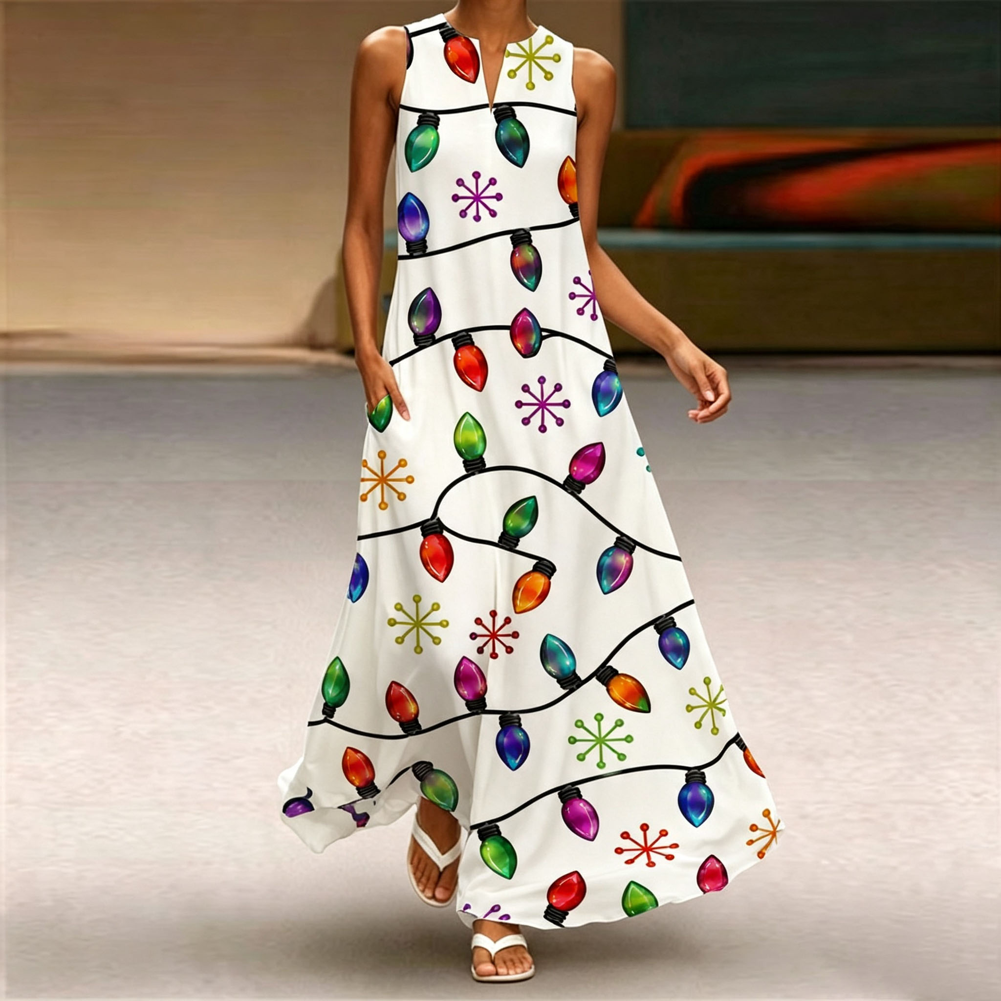 Women Sleeveless Notch V‑Neck Maxi Dress, Christmas Colorful String Light Snowflake Print Loose‑Fit Flowy Long Holiday Dress With Side Pockets