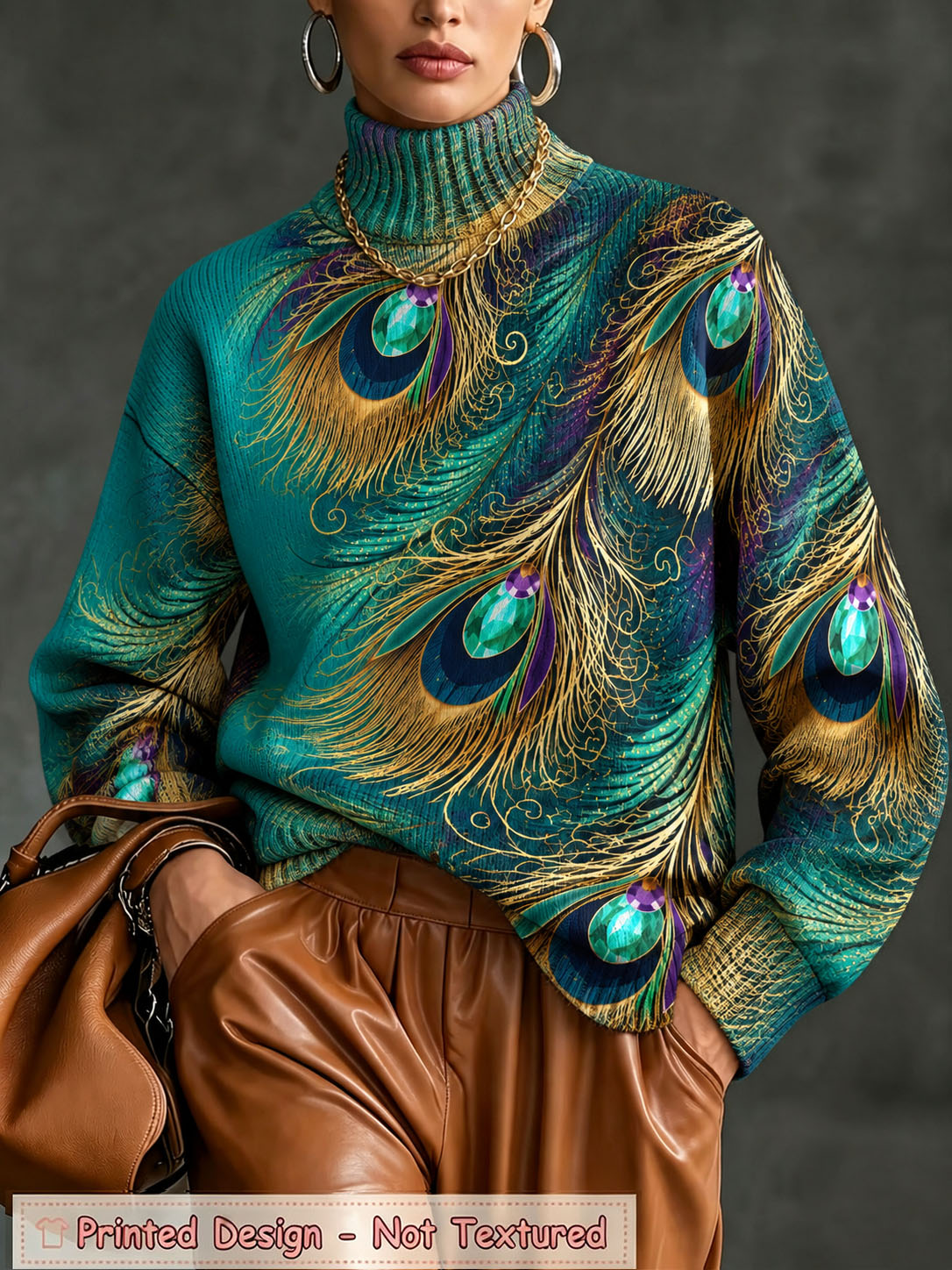 Women's Peacock Feather Print Sweater Long Sleeve Mock Neck Knit Pullover Top Colorful Graphic Printed Casual Loose Fit Fall Winter Fashion