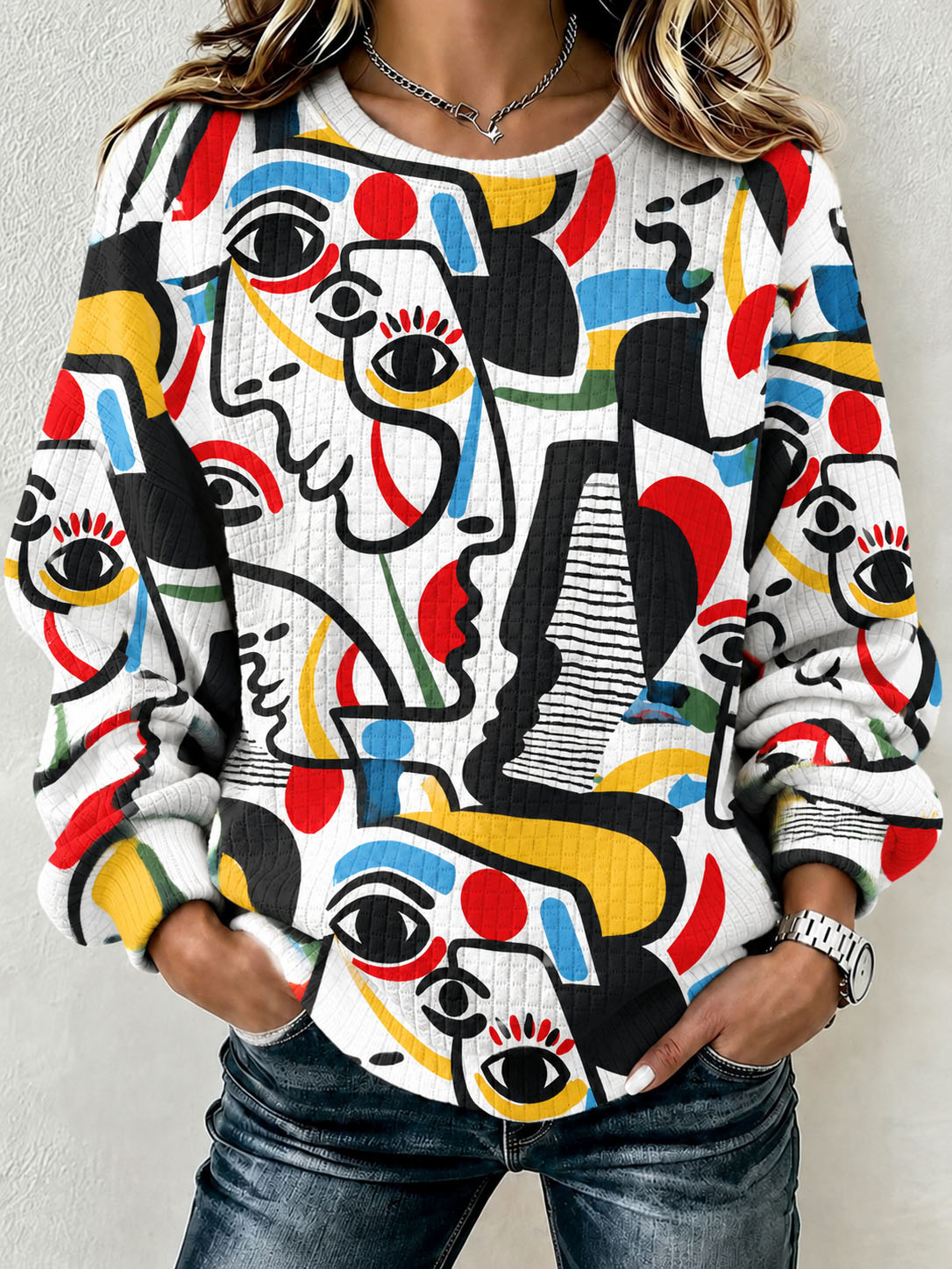 Women Abstract Face Art Print Waffle Knit Sweatshirt Crew Neck Long Sleeve Loose Pullover Tops