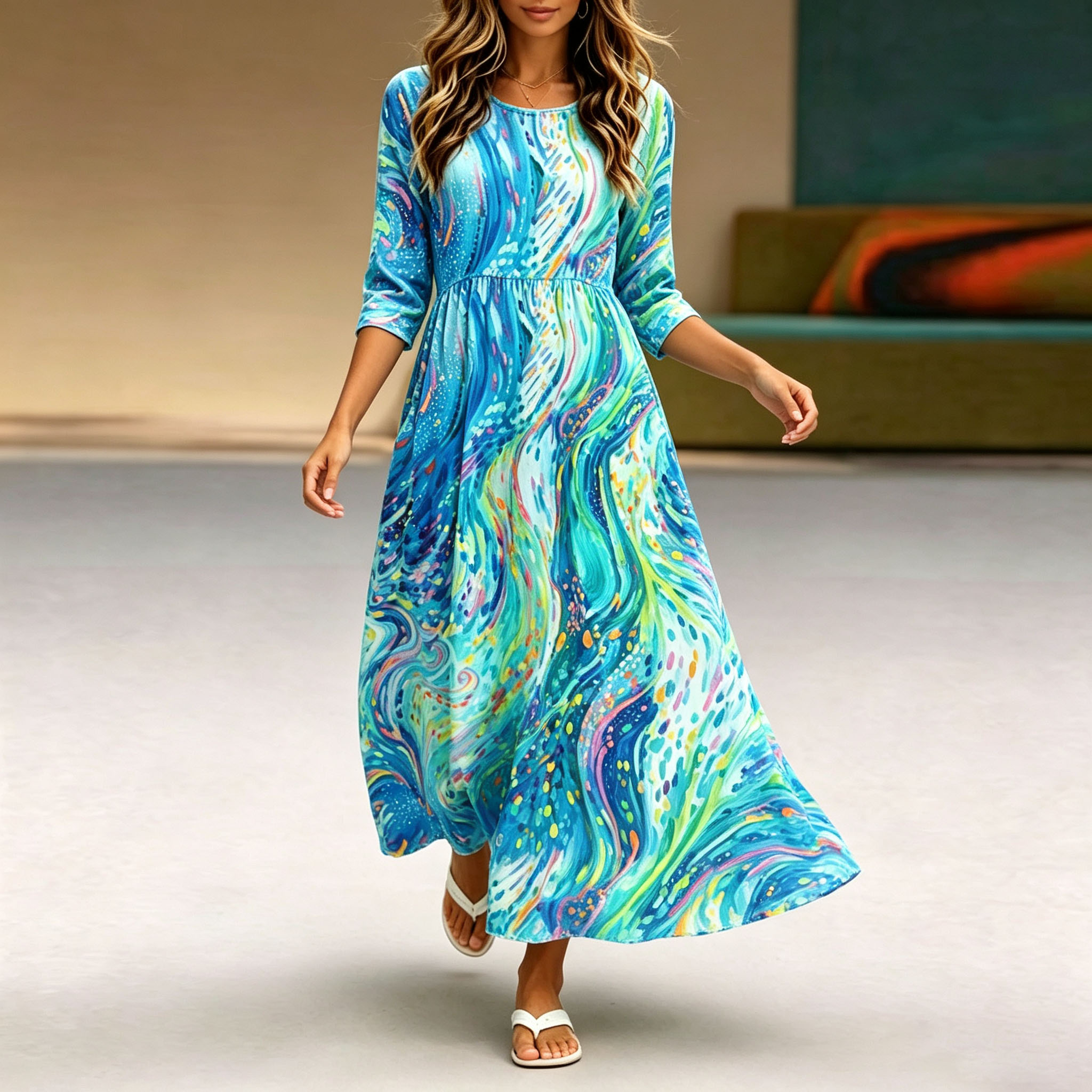 Women's Boho Maxi Dress 3/4 Sleeve Casual A-Line Long Dress Colorful Abstract Print Swing Dress with Pockets for Summer Vacation Beach Party