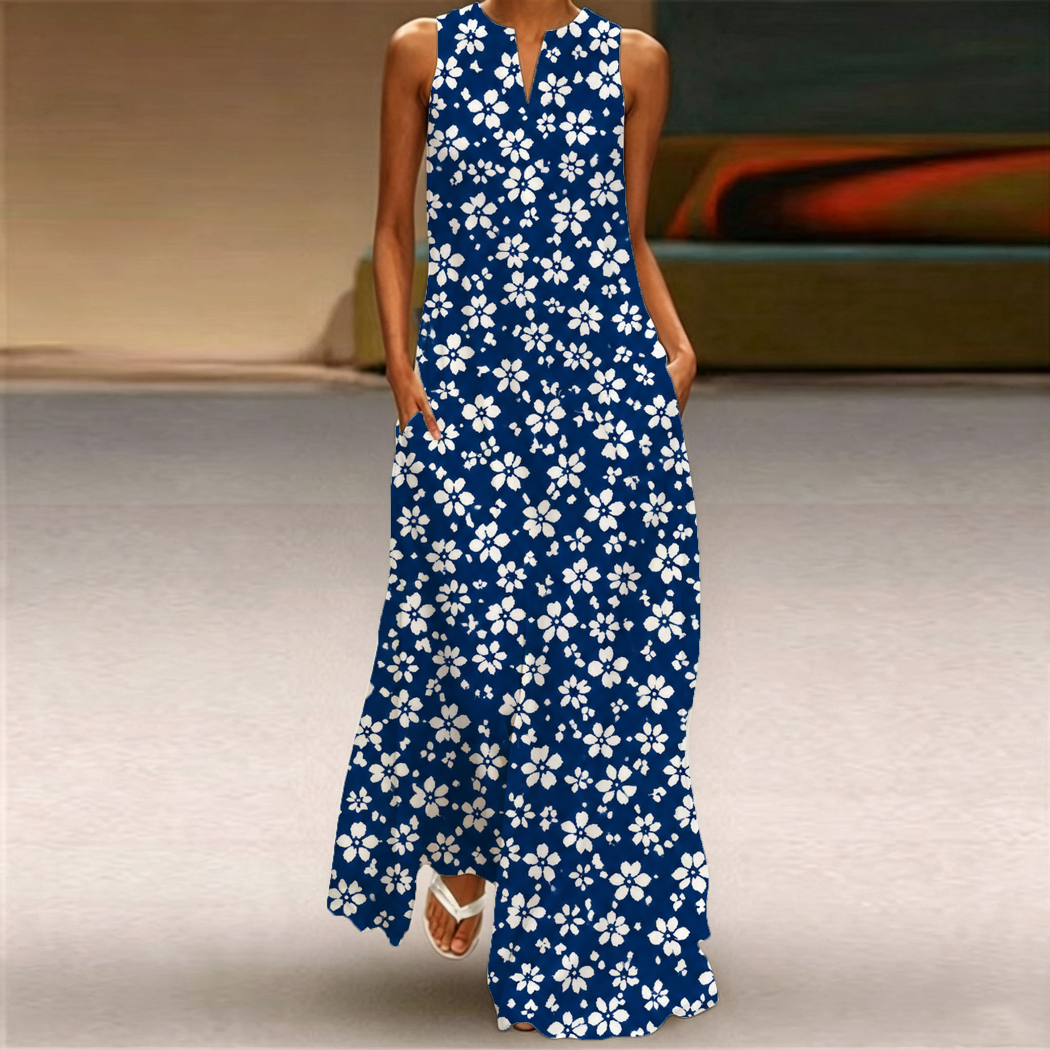 Women Sleeveless Notch V‑Neck Maxi Dress, Navy Blue White Floral Print Loose Flow‑Through Long Casual Dress With Side Pockets