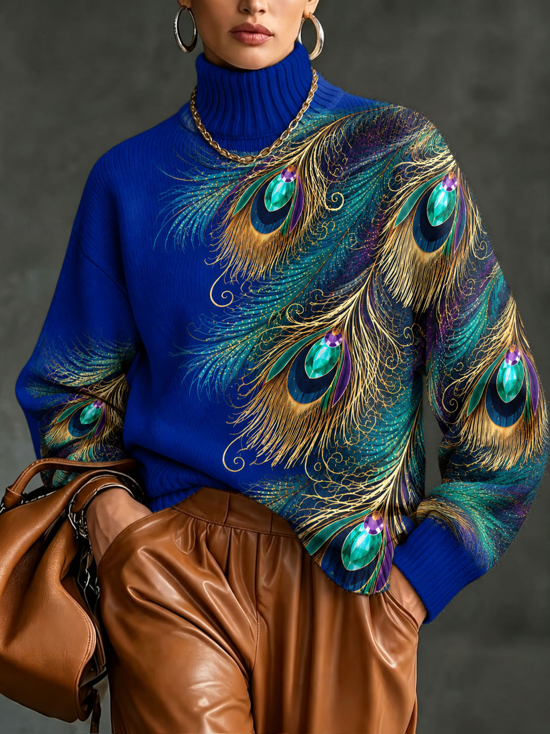 Women's Peacock Feather Print Sweater Long Sleeve Mock Neck Knit Pullover Top Colorful Graphic Printed Casual Loose Fit Fall Winter Fashion