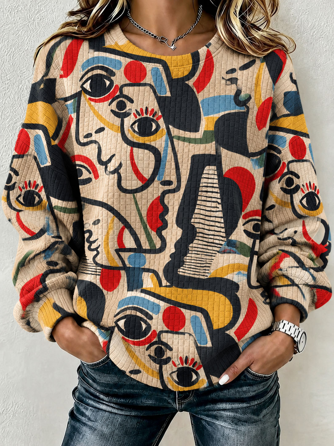 Women Abstract Face Art Print Waffle Knit Sweatshirt Crew Neck Long Sleeve Loose Pullover Tops