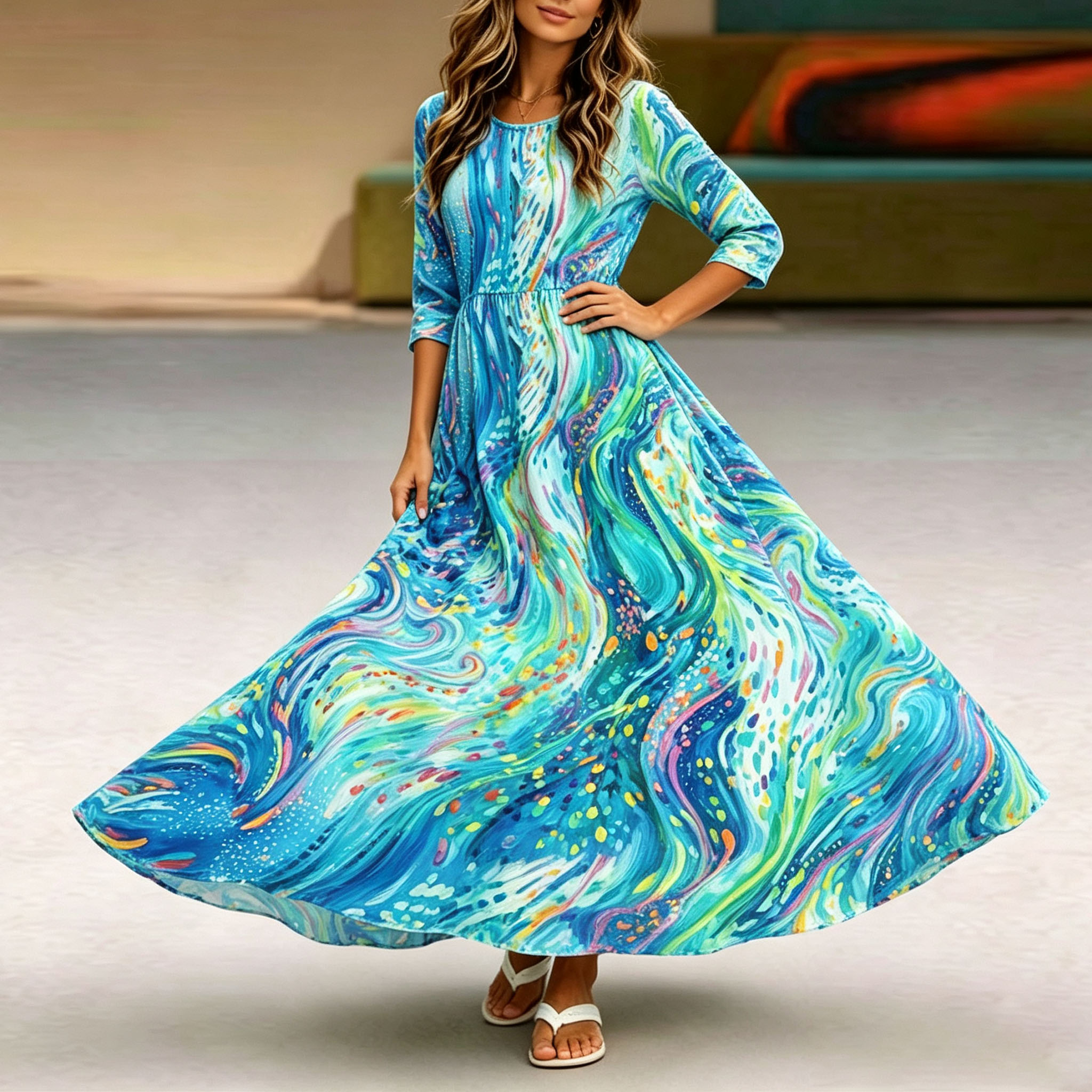 Women's Boho Maxi Dress 3/4 Sleeve Casual A-Line Long Dress Colorful Abstract Print Swing Dress with Pockets for Summer Vacation Beach Party