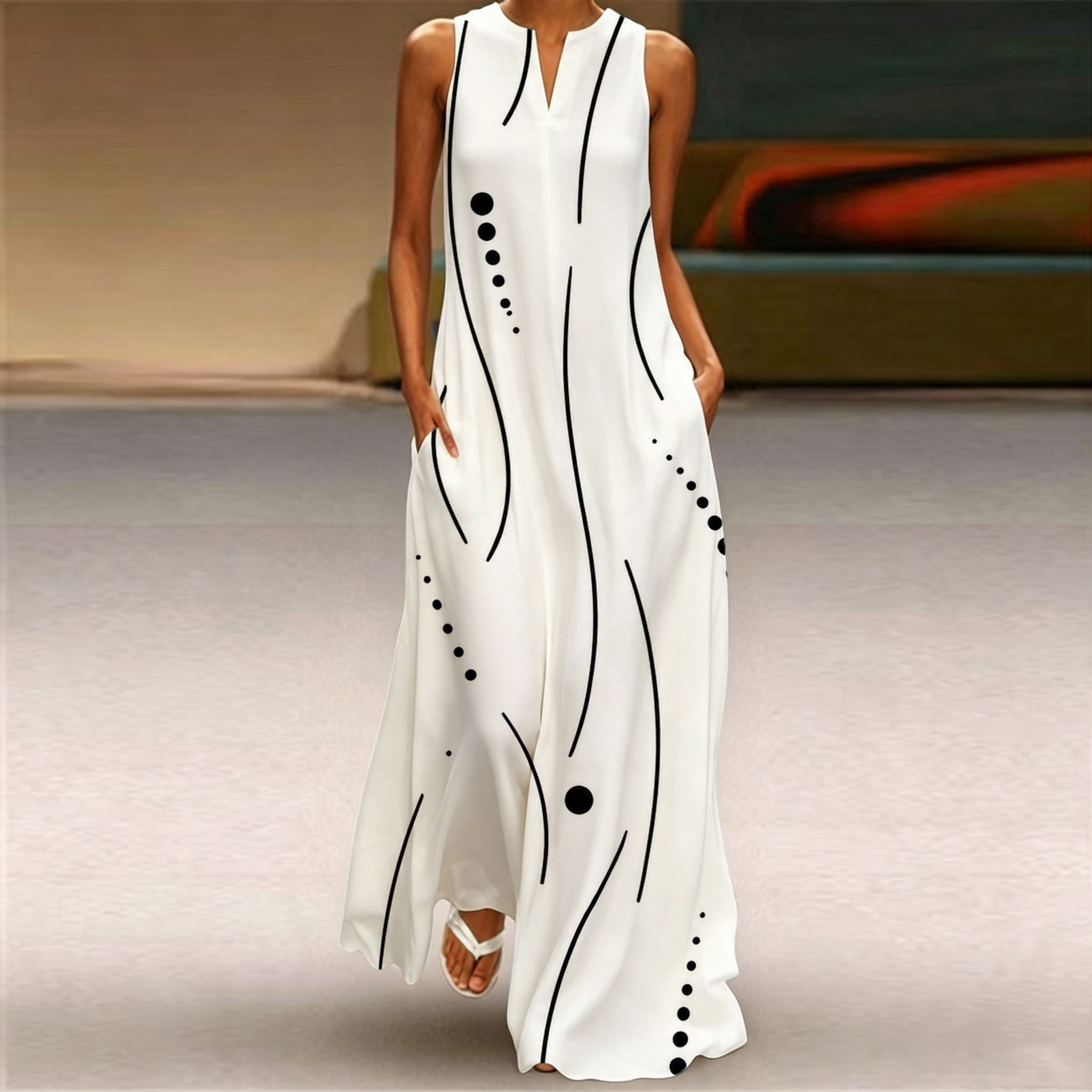 Women Sleeveless Notch V‑Neck Maxi Dress, White With Black Abstract Line Dot Print Loose Flowy Long Casual Dress With Side Pockets