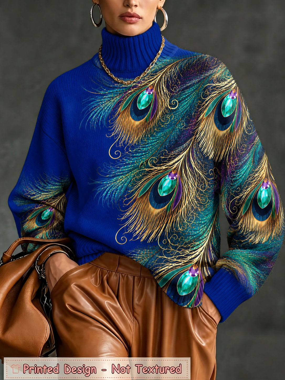 Women's Peacock Feather Print Sweater Long Sleeve Mock Neck Knit Pullover Top Colorful Graphic Printed Casual Loose Fit Fall Winter Fashion