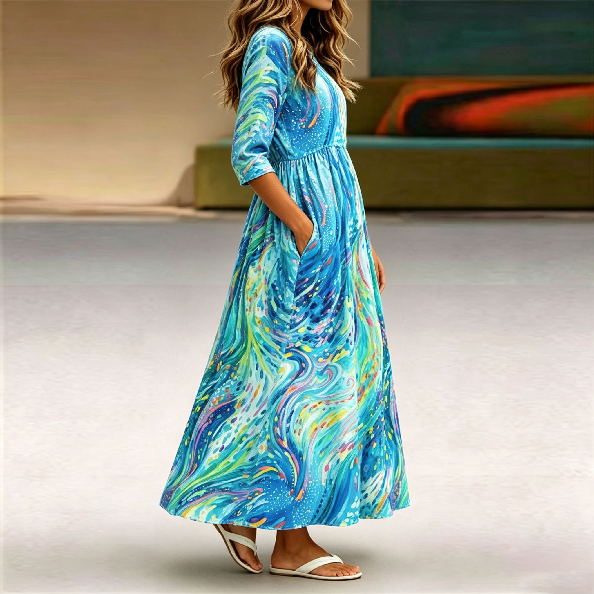 Women's Boho Maxi Dress 3/4 Sleeve Casual A-Line Long Dress Colorful Abstract Print Swing Dress with Pockets for Summer Vacation Beach Party