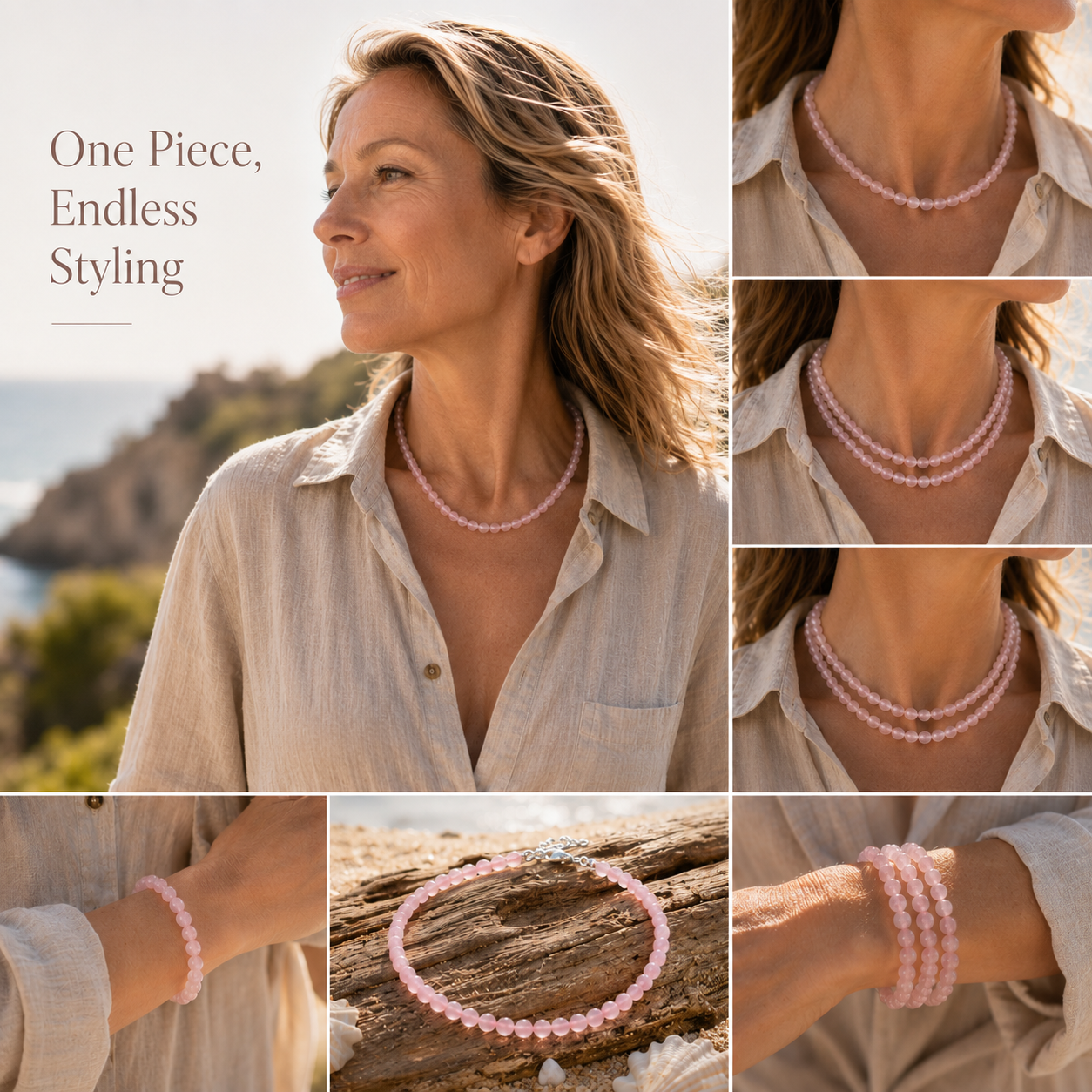 Rose Quartz Beaded Necklace – Mediterranean Resort Style Pink Crystal Jewelry | Handmade Natural Stone Love Necklace for Women | Soft Romantic Beach Vacation Accessory