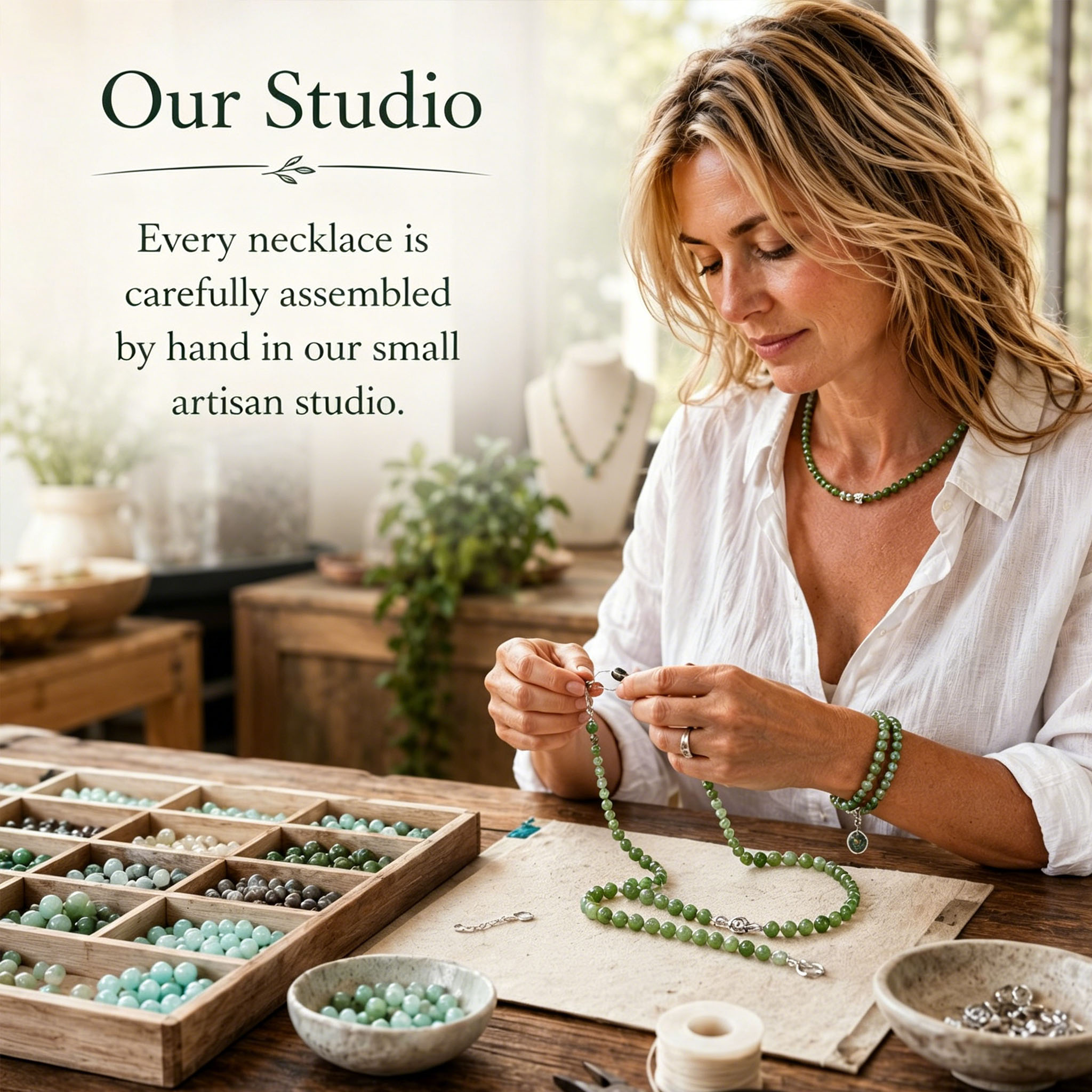 Olive Green Natural Stone Beaded Necklace – Mediterranean Resort Style Gemstone Jewelry | Handmade Crystal Necklace for Women | Fresh Boho Beach Vacation Strand