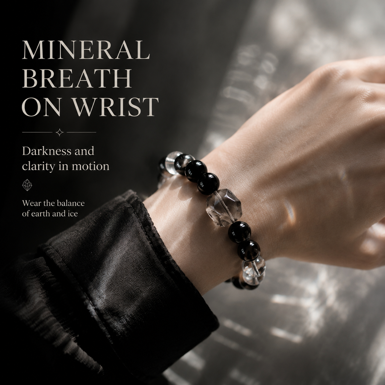 Obsidian Night Garden Crystal Bracelet - A quiet ecosystem suspended between darkness and light
