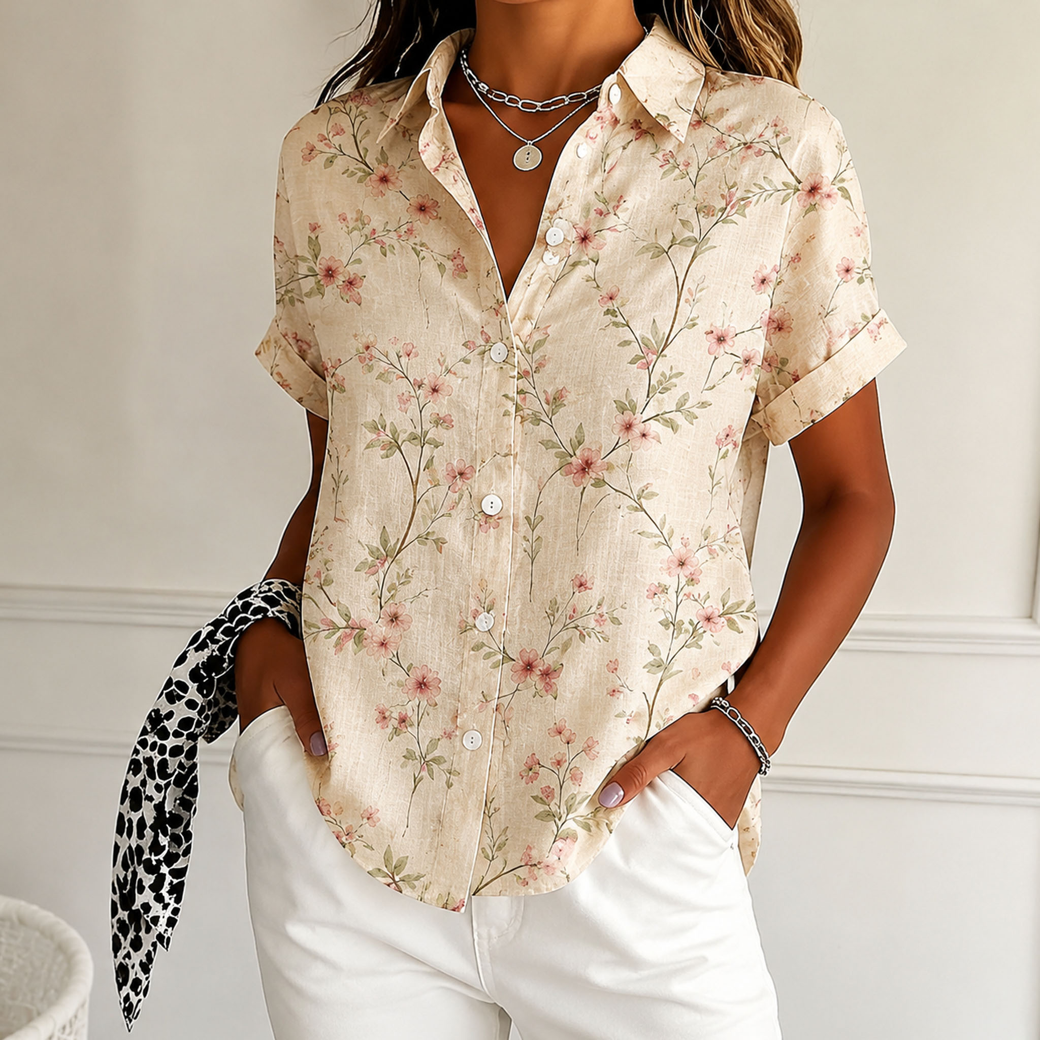 Women Vintage Pink Cherry Blossom Floral Short Sleeve Button Down Shirts, Lightweight Polyester Lapel Collar Pocket Blouses, Casual Loose Fit Summer Printed Tops-gemscharms