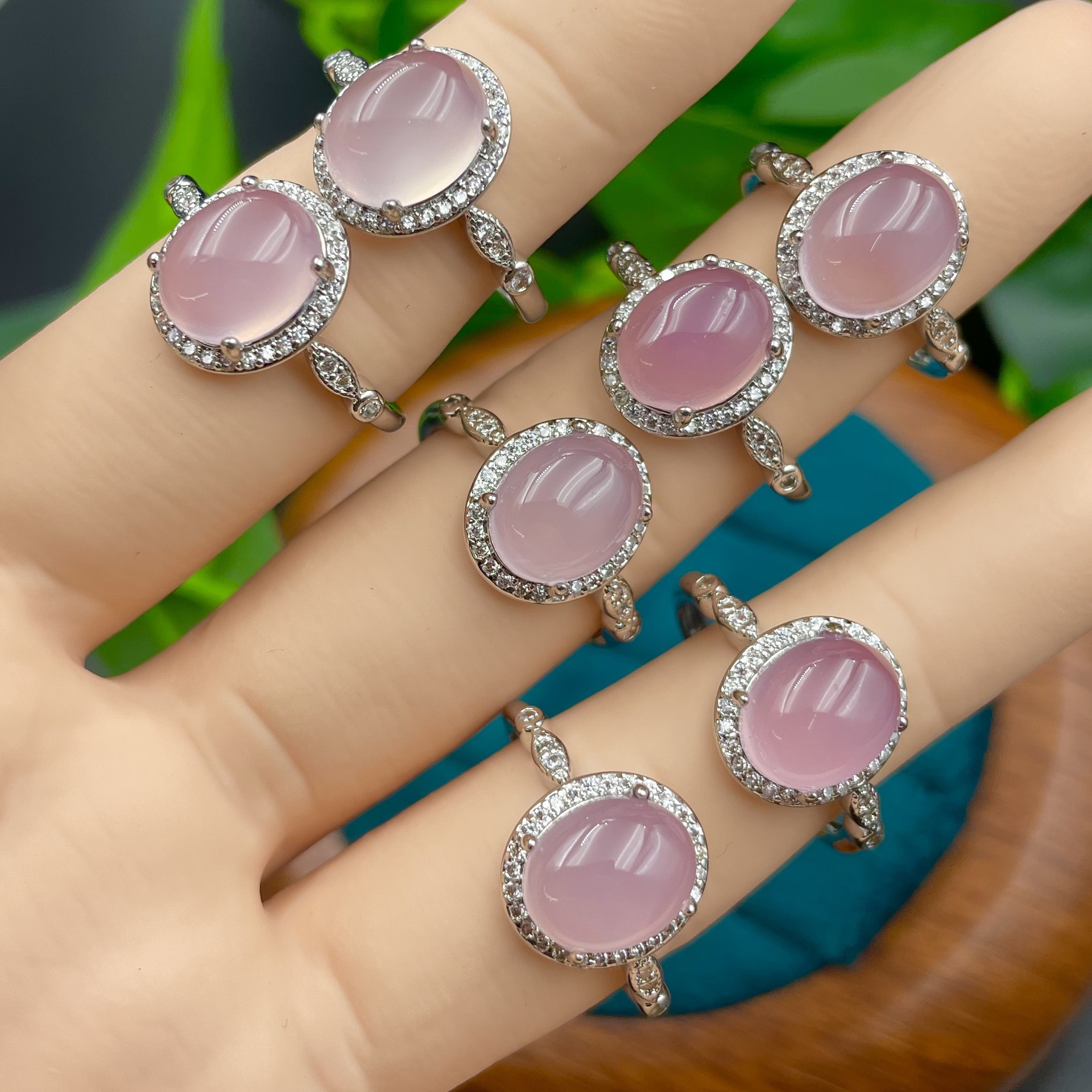 Oval Cabochon Natural Pink Chalcedony Halo Ring for Women, Copper Silver Plated Band with 8*10MM Smooth Matte Gemstone, Full Cubic Zirconia Border Dainty Romantic Statement Jewelry Gift for Birthday Wedding Anniversary