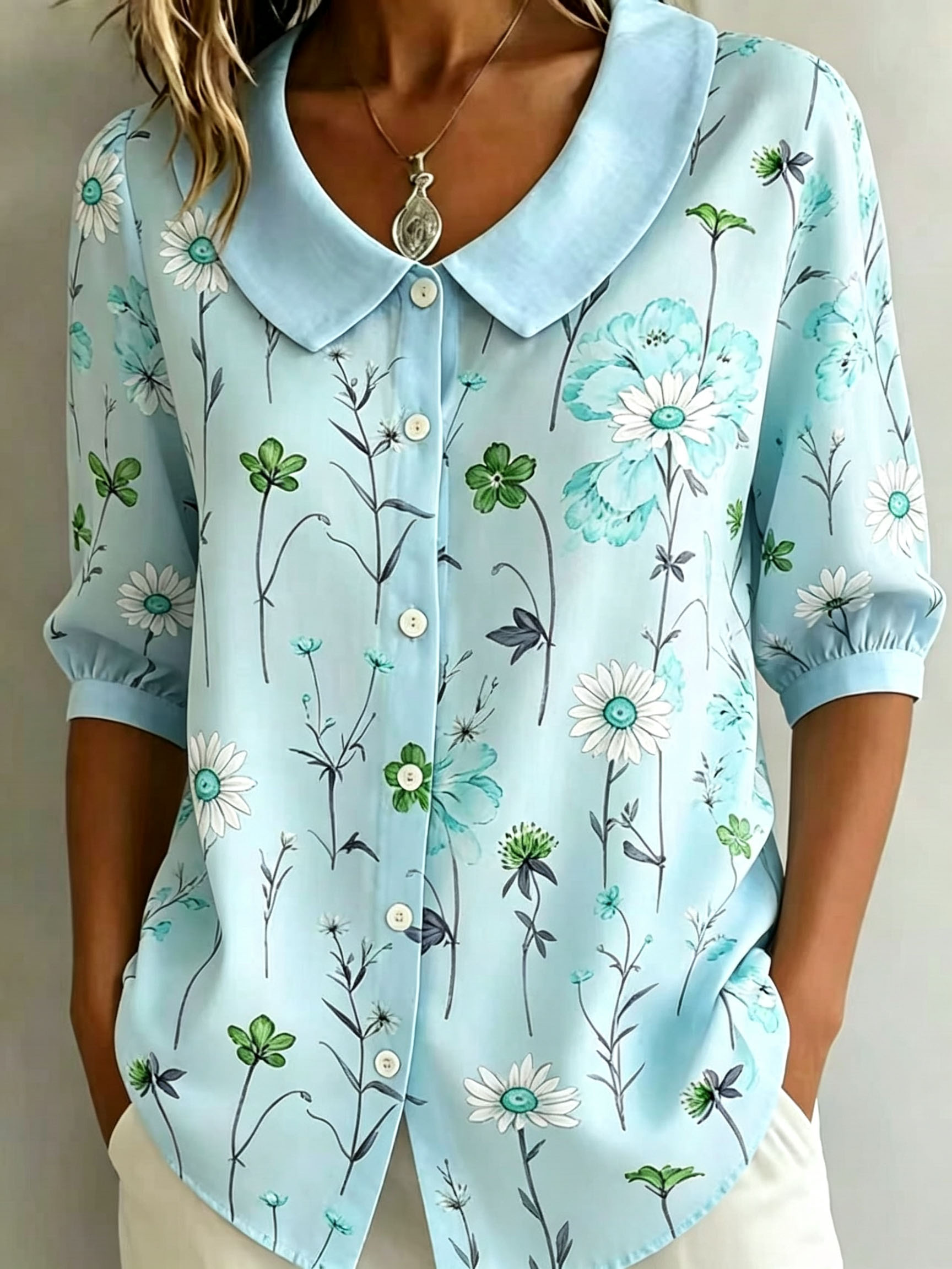 Women Vintage Wildflower Print Peter Pan Collar Blouse, 3/4 Puff Sleeve Button Down Shirts, Lightweight Polyester Casual Loose Floral Tops with Side Pockets