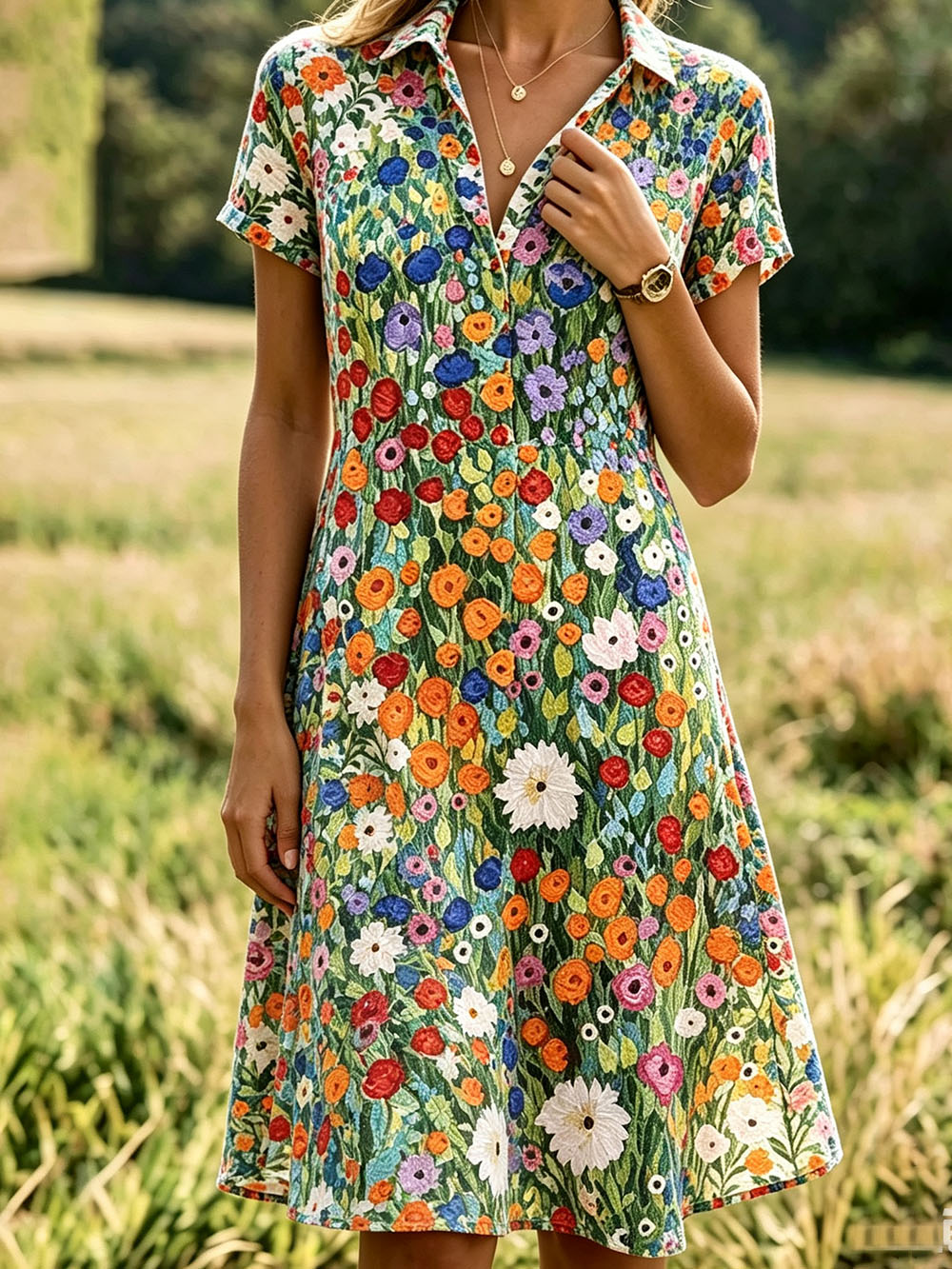Women’s Floral Print Shirt Dress – Lightweight Polyester Summer Casual Midi Dress with Button Front