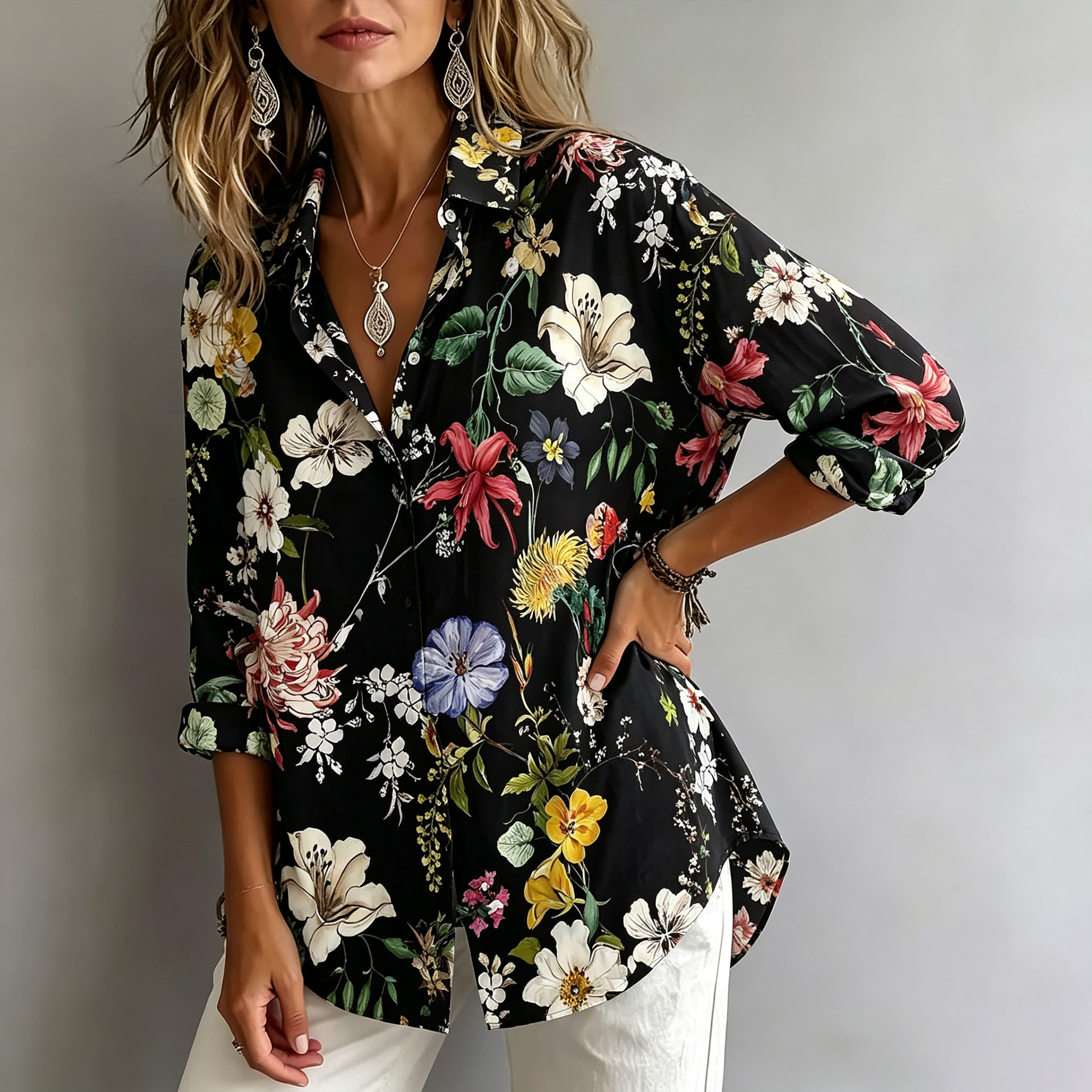 Women’s Black Floral Print Button Down Shirt – Elegant Long Sleeve Casual Blouse with Lightweight Polyester Fabric