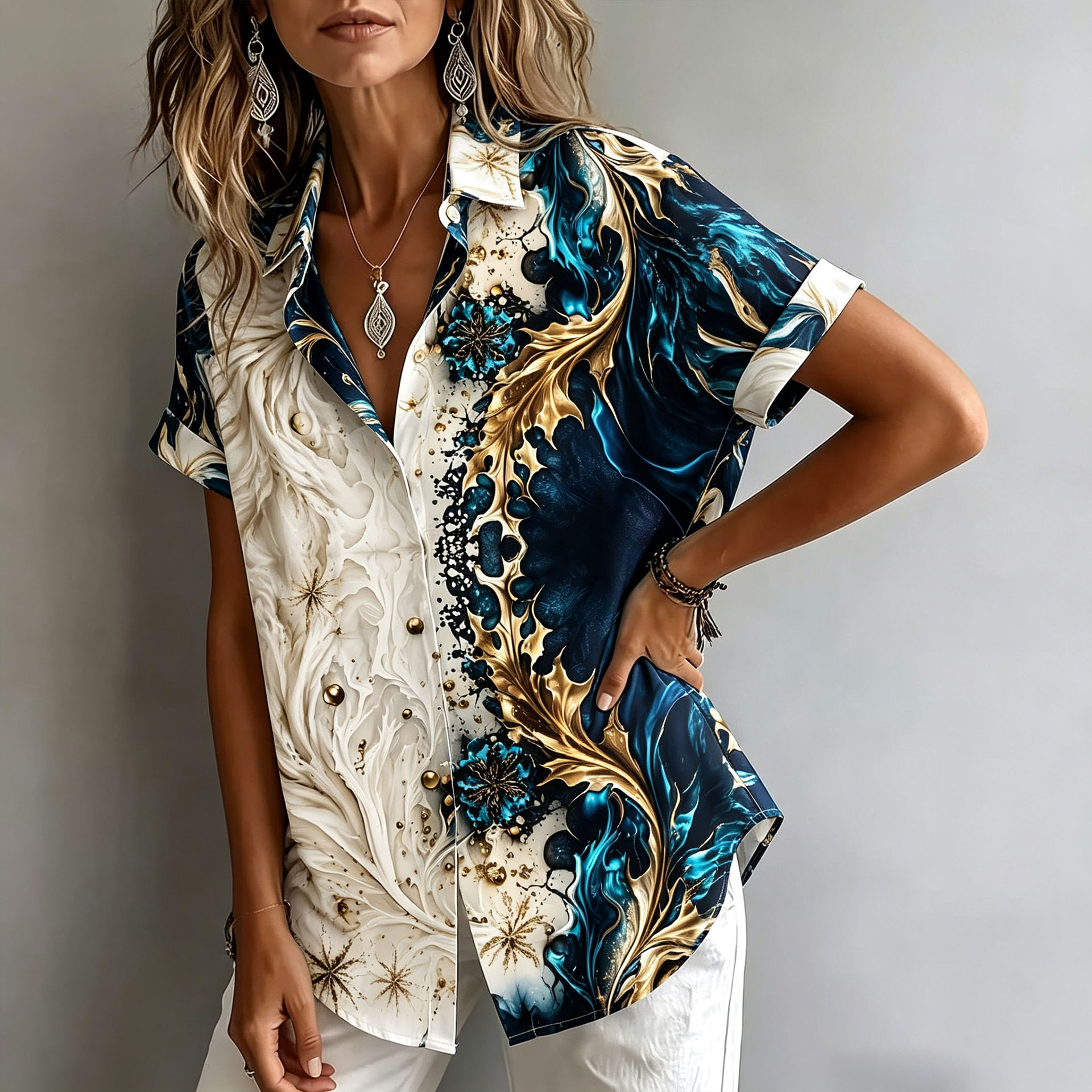 Women's Floral Printed Button Down Shirt – Elegant Casual Short Sleeve Blouse with Lightweight Polyester Fabric