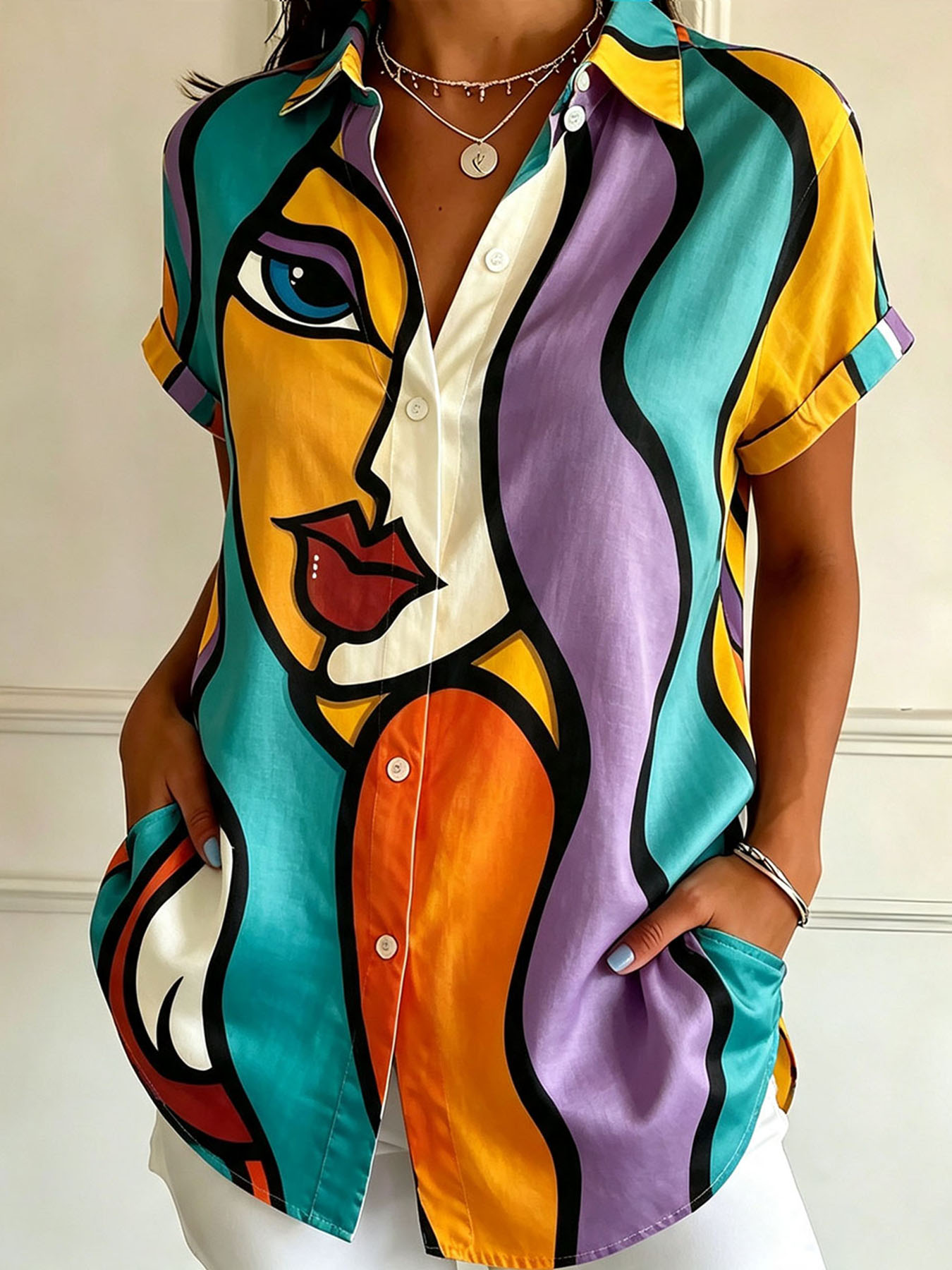 Women's Abstract Face Print Button Down Shirt – Colorful Artistic Short Sleeve Blouse with Lightweight Polyester Fabric