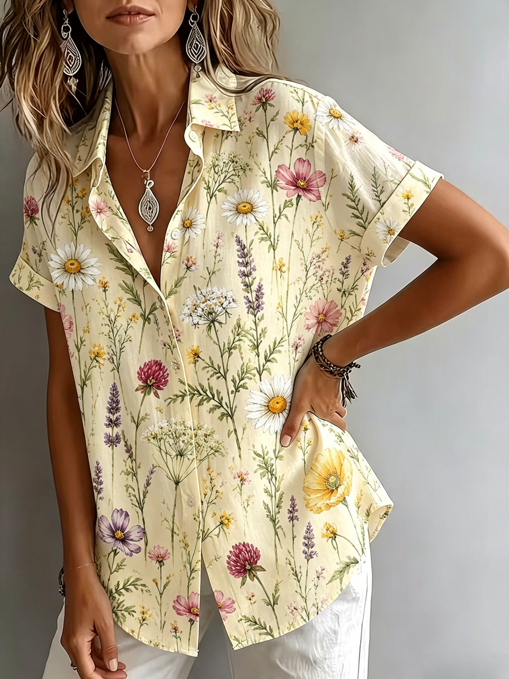 Women's Botanical Floral Print Button Down Shirt – Vintage Garden Short Sleeve Blouse with Lightweight Polyester Fabric