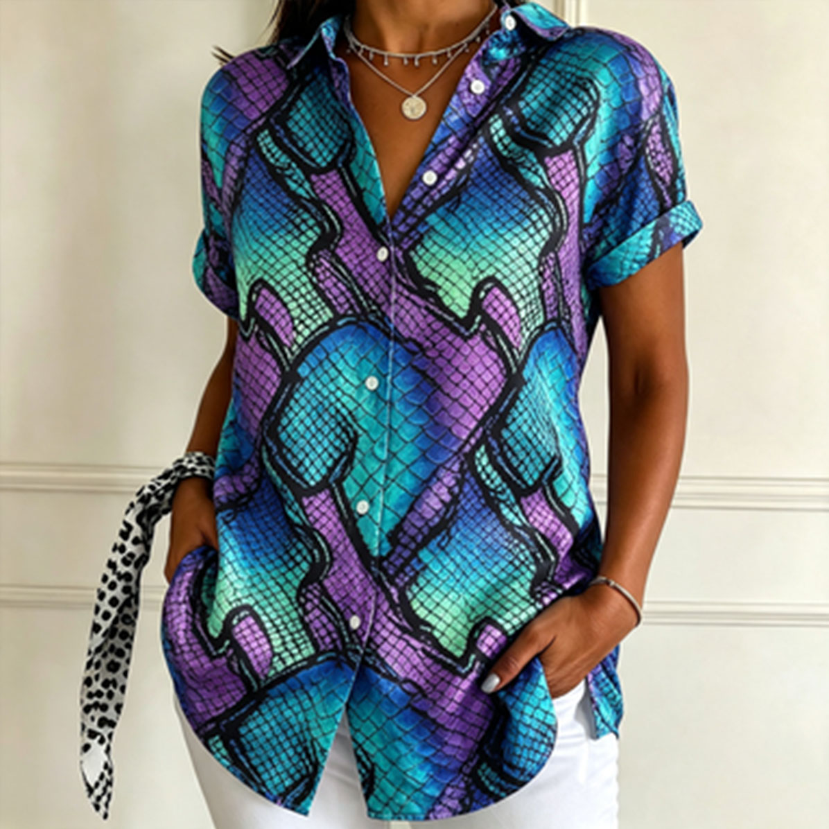 Women's Snake Print Button Down Shirt – Short Sleeve Casual Blouse, Lightweight Polyester Fashion Top  