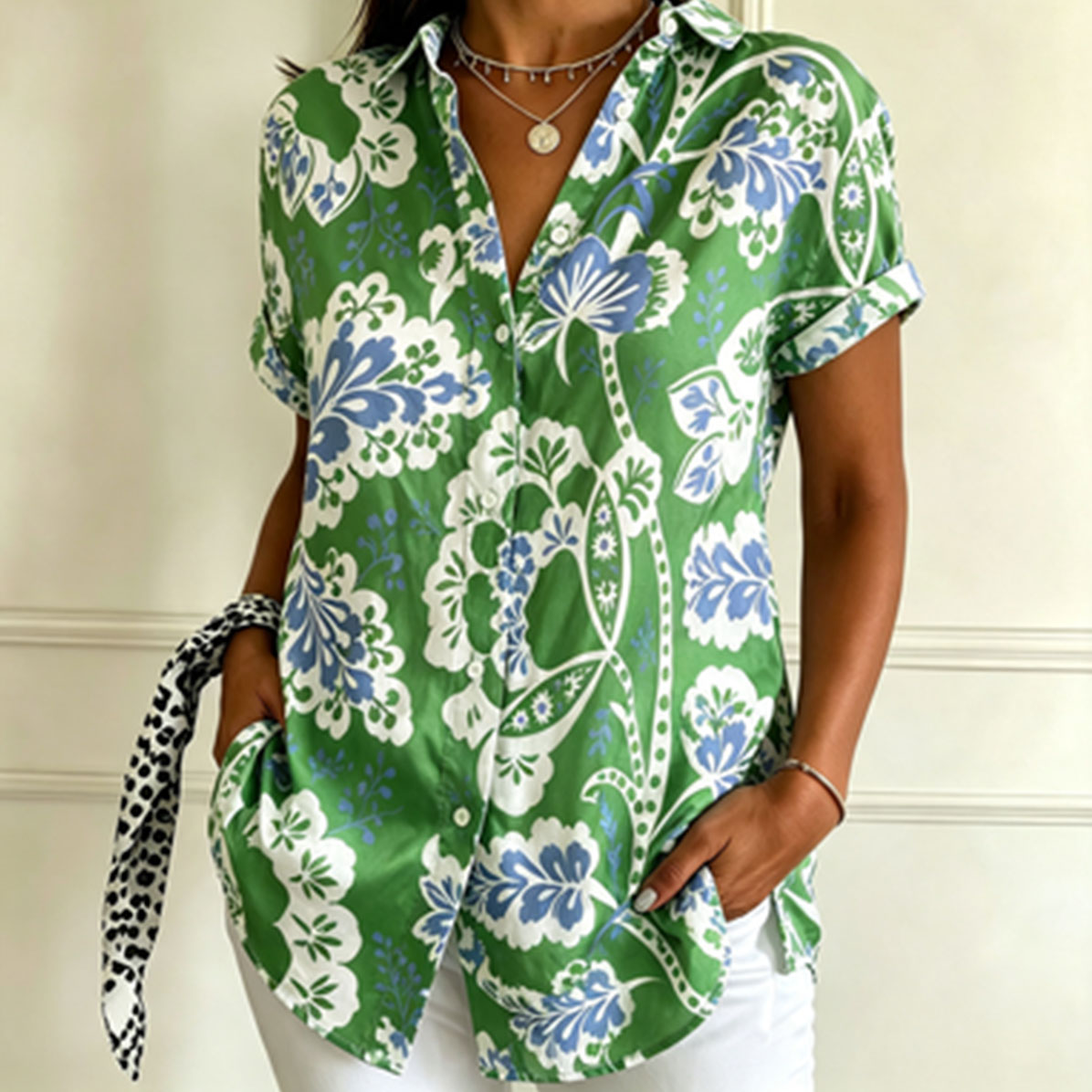 Women’s Floral Print Button Down Shirt – Short Sleeve Casual Blouse, Lightweight Summer Top with Botanical Pattern