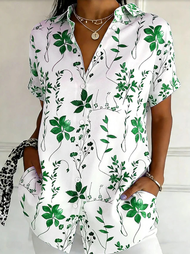 Women's Floral Print Button Down Shirt – Short Sleeve Casual Blouse with Collared Neck, Lightweight Loose Fit Summer Top