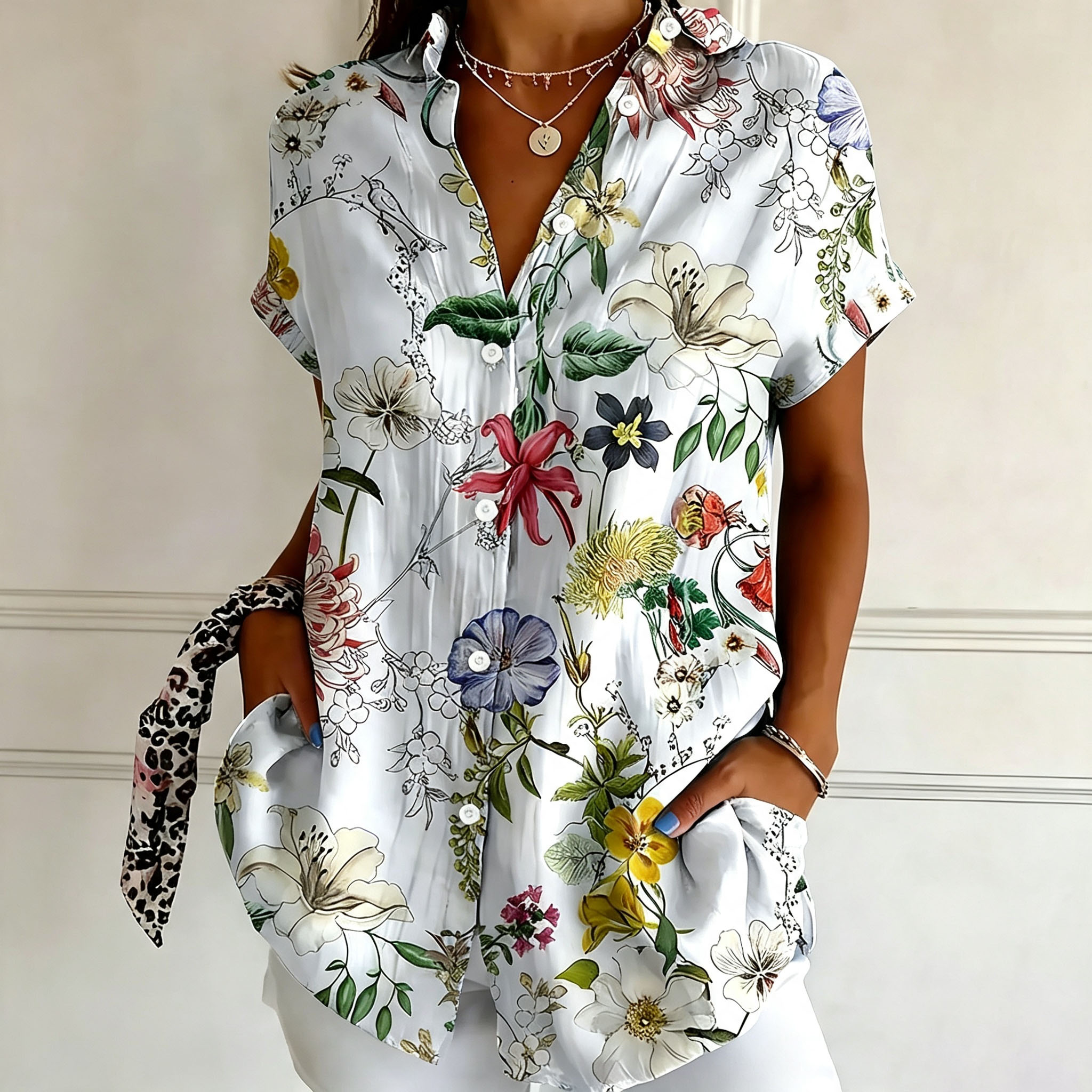 Women’s Black Background Multicolor Floral Short Sleeve Button Down Shirts, Loose Lapel Collar Polyester Casual Blouse, Vintage Botanical Print Summer Vacation Tops