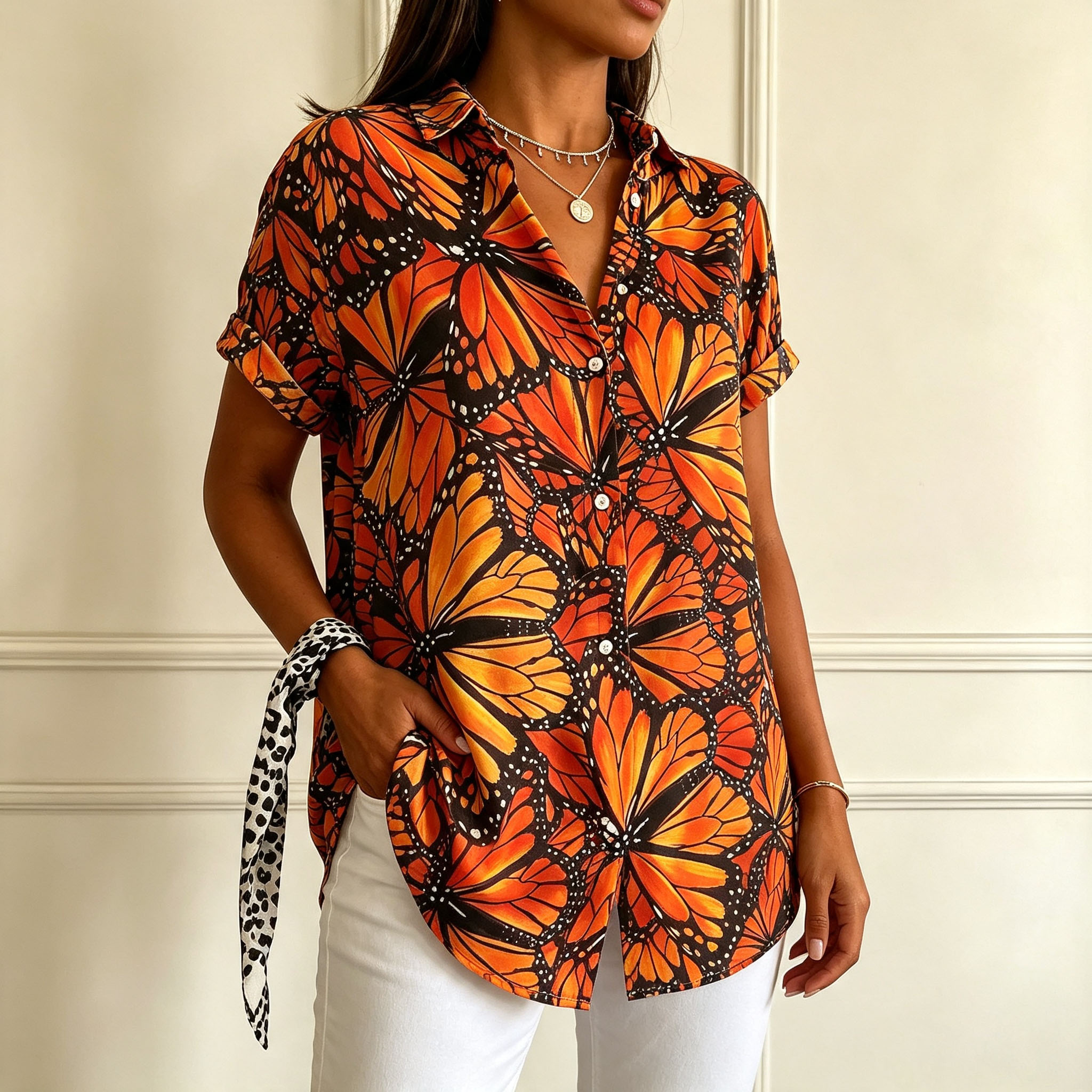 Women's Butterfly Print Button Down Shirt – Short Sleeve Casual Blouse, Lightweight Polyester Summer Fashion Top
