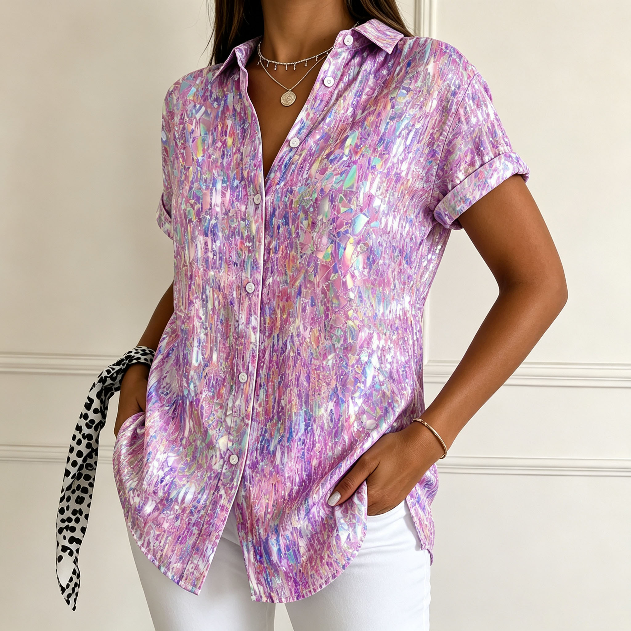 Women’s Short Sleeve Button Down Shirt Casual Loose Fit Blouse Abstract Printed Collared Tops Lightweight Summer Shirt for Women