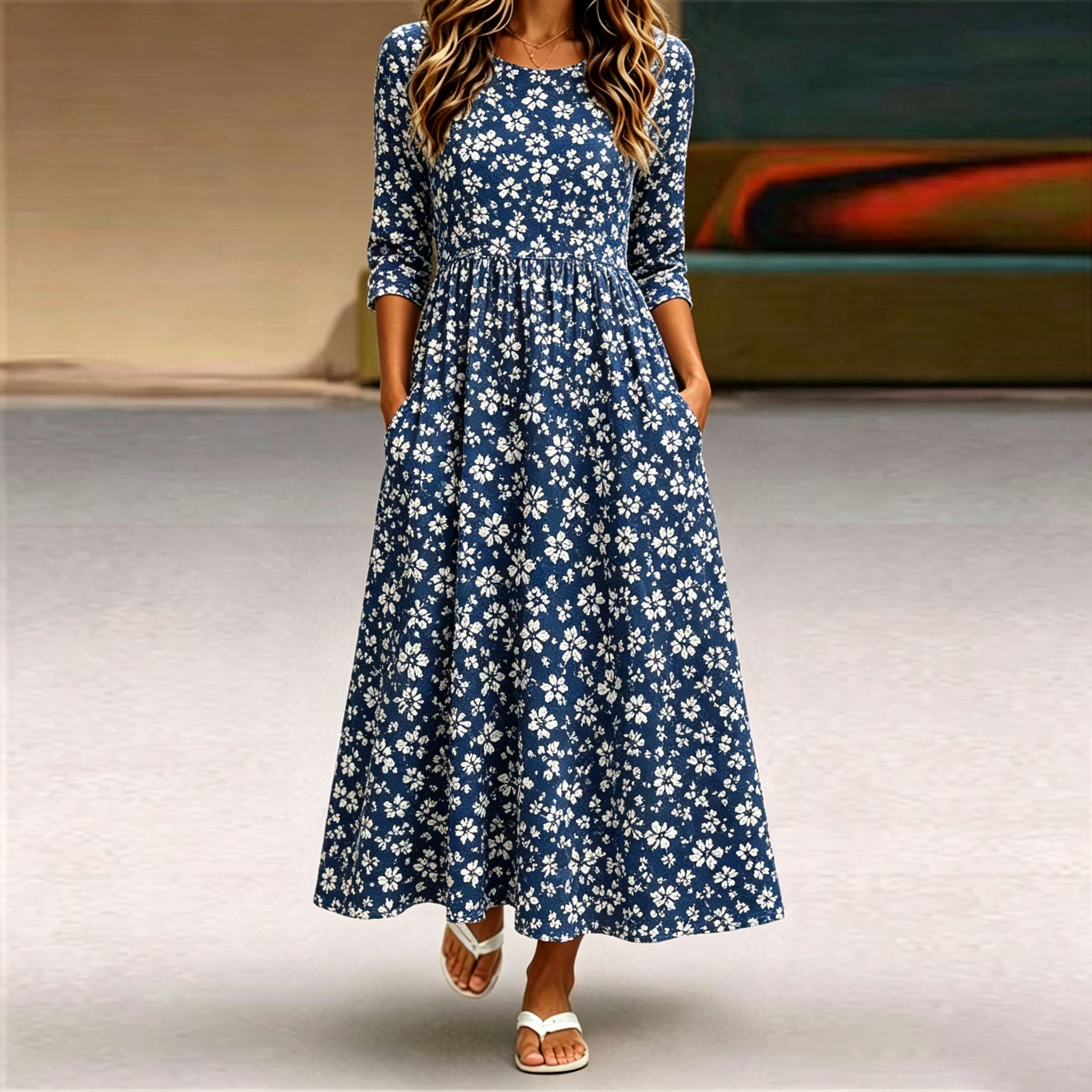 Women’s Floral Maxi Dress, Navy Blue Long Sleeve Dress with White Flower Print, A-Line Swing Casual Dress with Pockets, Elegant Boho Fall Dress for Vacation, Party & Everyday Wear