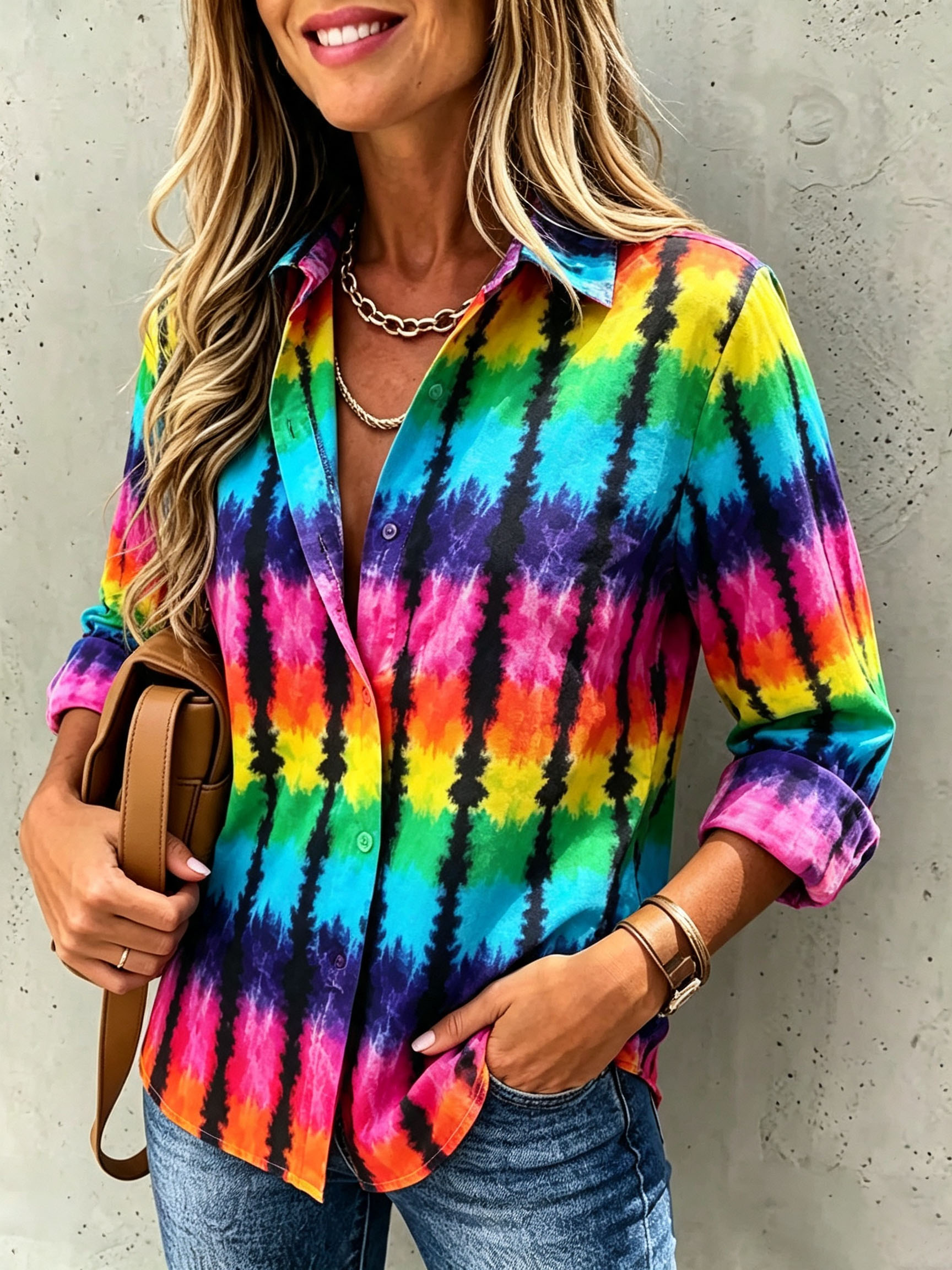 Women's Tie Dye Print Button Down Shirt Casual Long Sleeve Blouse Colorful Printed Oversized Tops Loose Fit Beach Vacation Shirt-gemscharms
