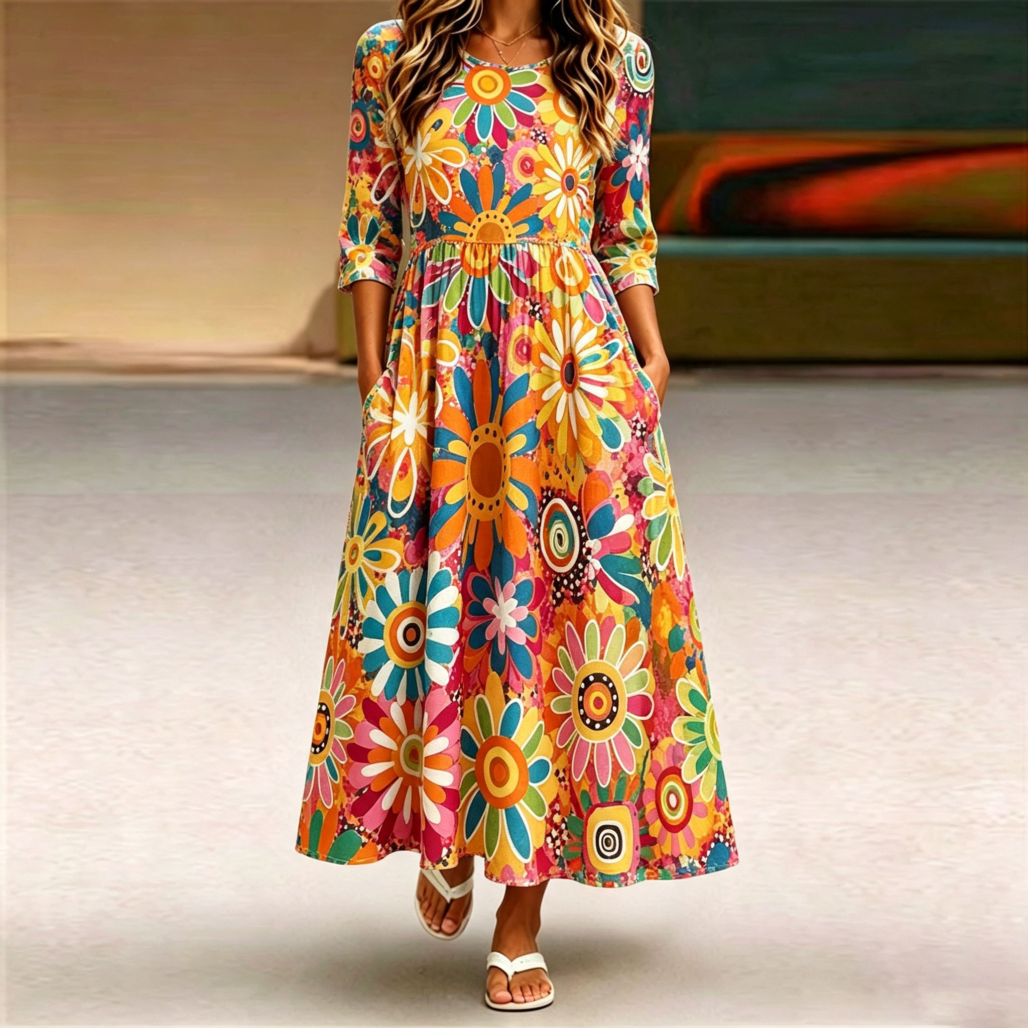 Women's Floral Print Midi Maxi Dress 5/8 Sleeve Casual A Line Dress Round Neck High Waist Swing Dress Colorful Boho Summer Dress