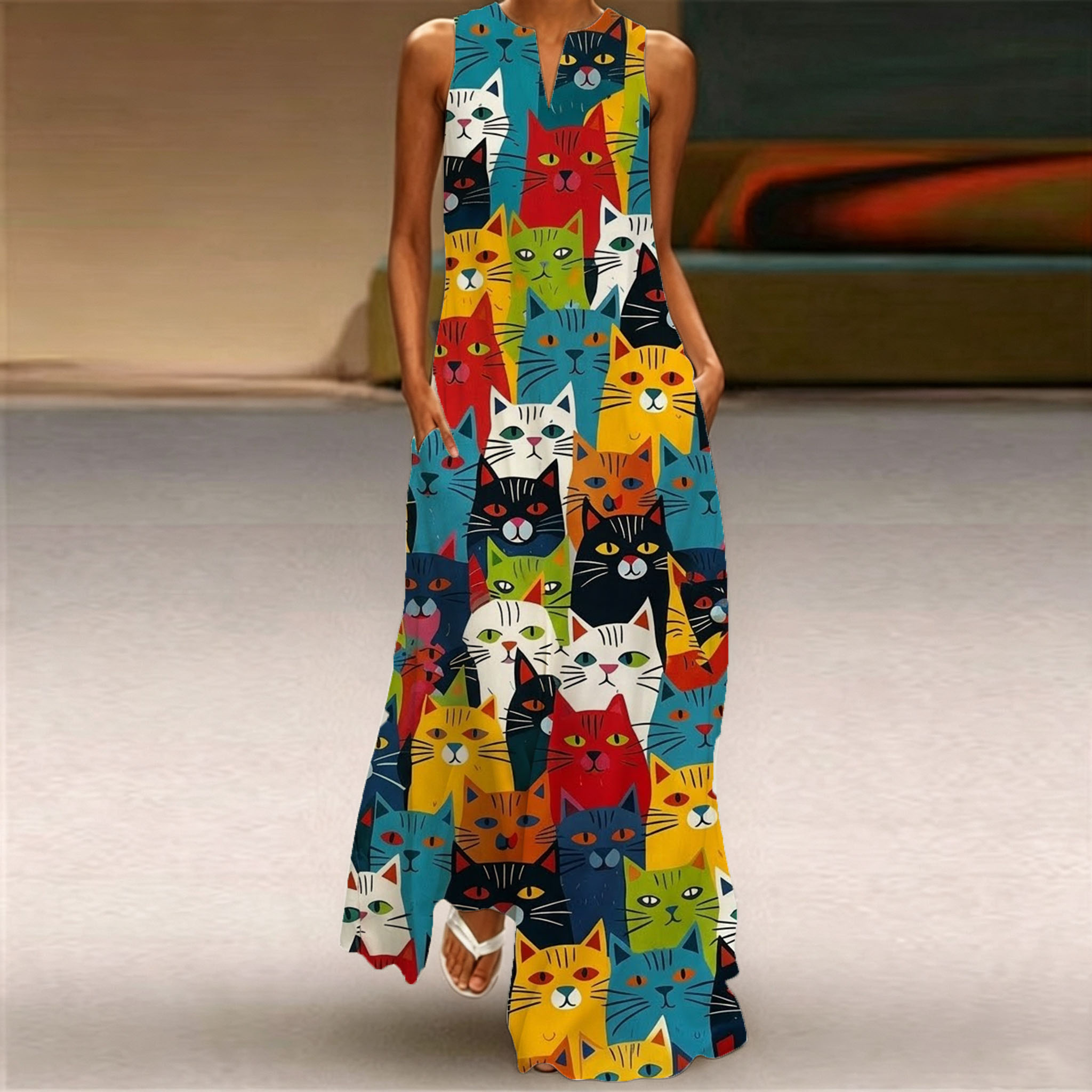 Women's Colorful Cat Print Maxi Dress – Sleeveless Casual Summer Dress with Artistic Animal Pattern and Relaxed Fit