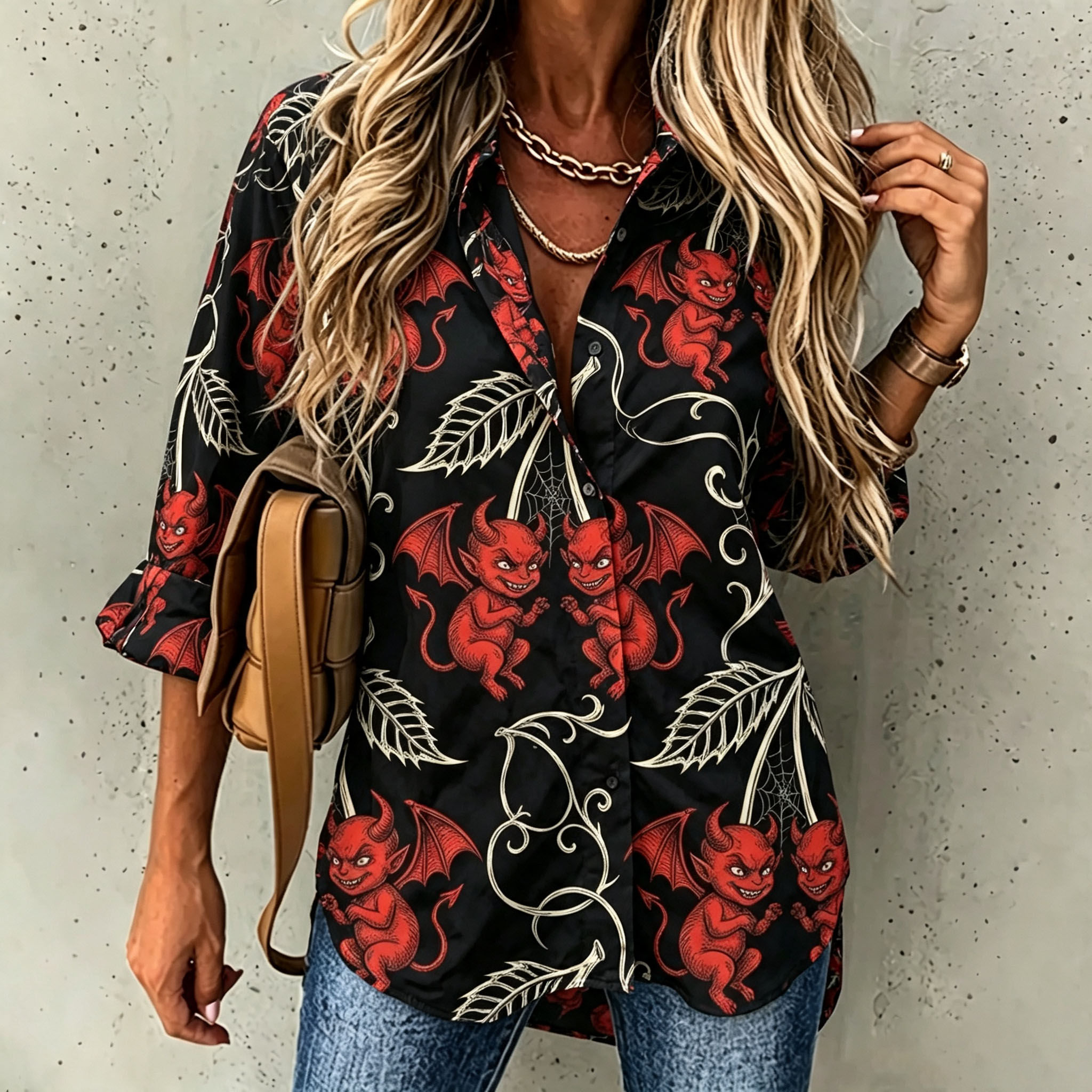 Women's Halloween Devil Print Button Down Shirt – Long Sleeve Gothic Blouse with Red Demon Pattern and Casual Loose Fit