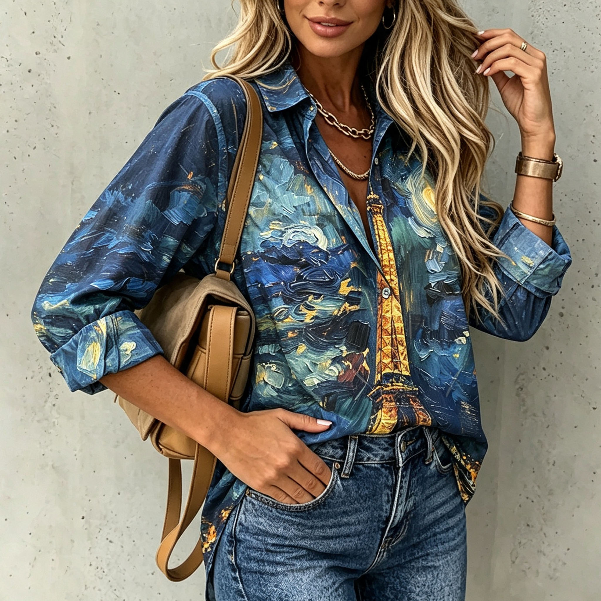 Women's Paris Eiffel Tower Art Print Button Down Shirt – Long Sleeve Casual Blouse with Vintage City Landscape Design and Relaxed Fit-gemscharms