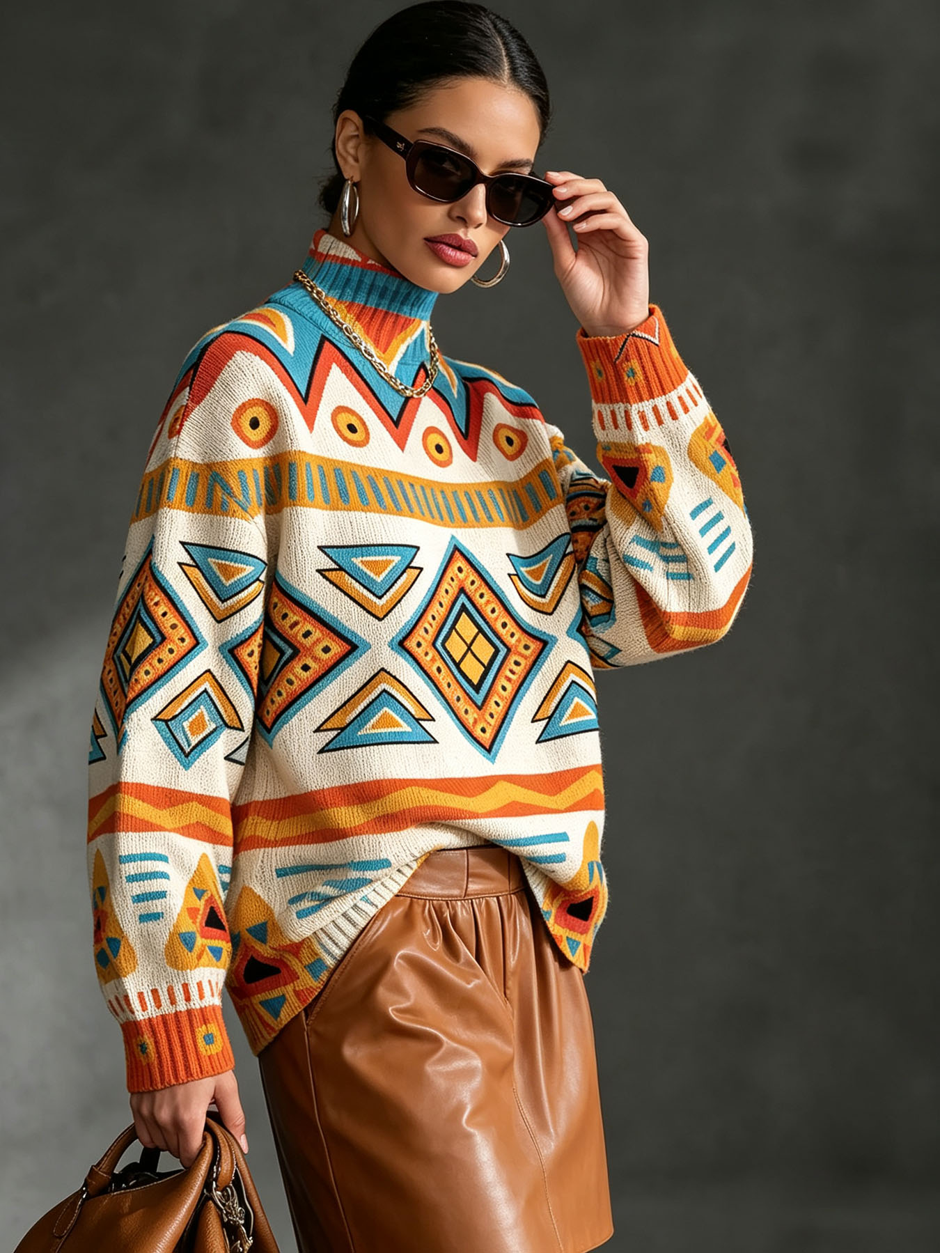 Women's Oversized Turtleneck Sweater, Bohemian Aztec Geometric Print Long Sleeve Loose Casual Fall Winter Pullover Knit Top