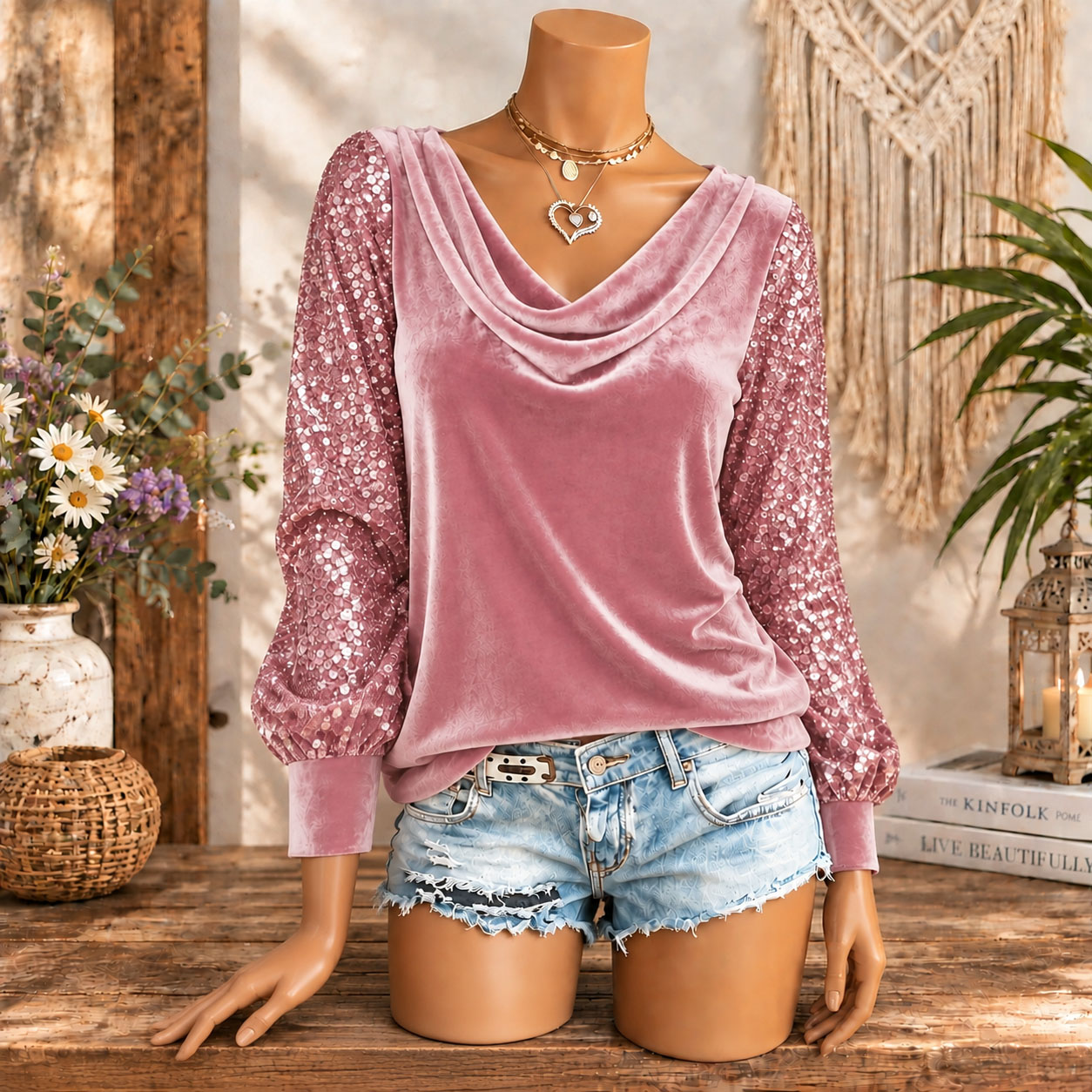 Women’s Velvet Cowl Neck Long Sleeve Top with Sequin Sleeves