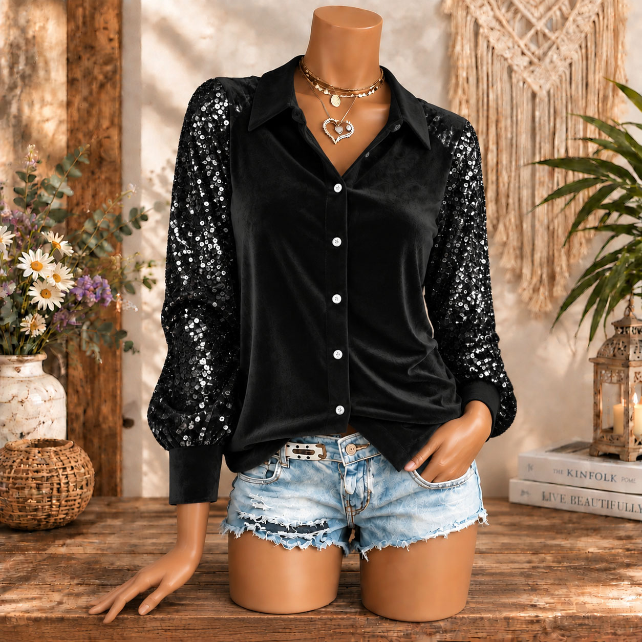 Women's Velvet Button Down Shirt Sequin Long Sleeve Blouse Elegant Sparkle Party Top Casual Luxury Shirt for Fall Winter