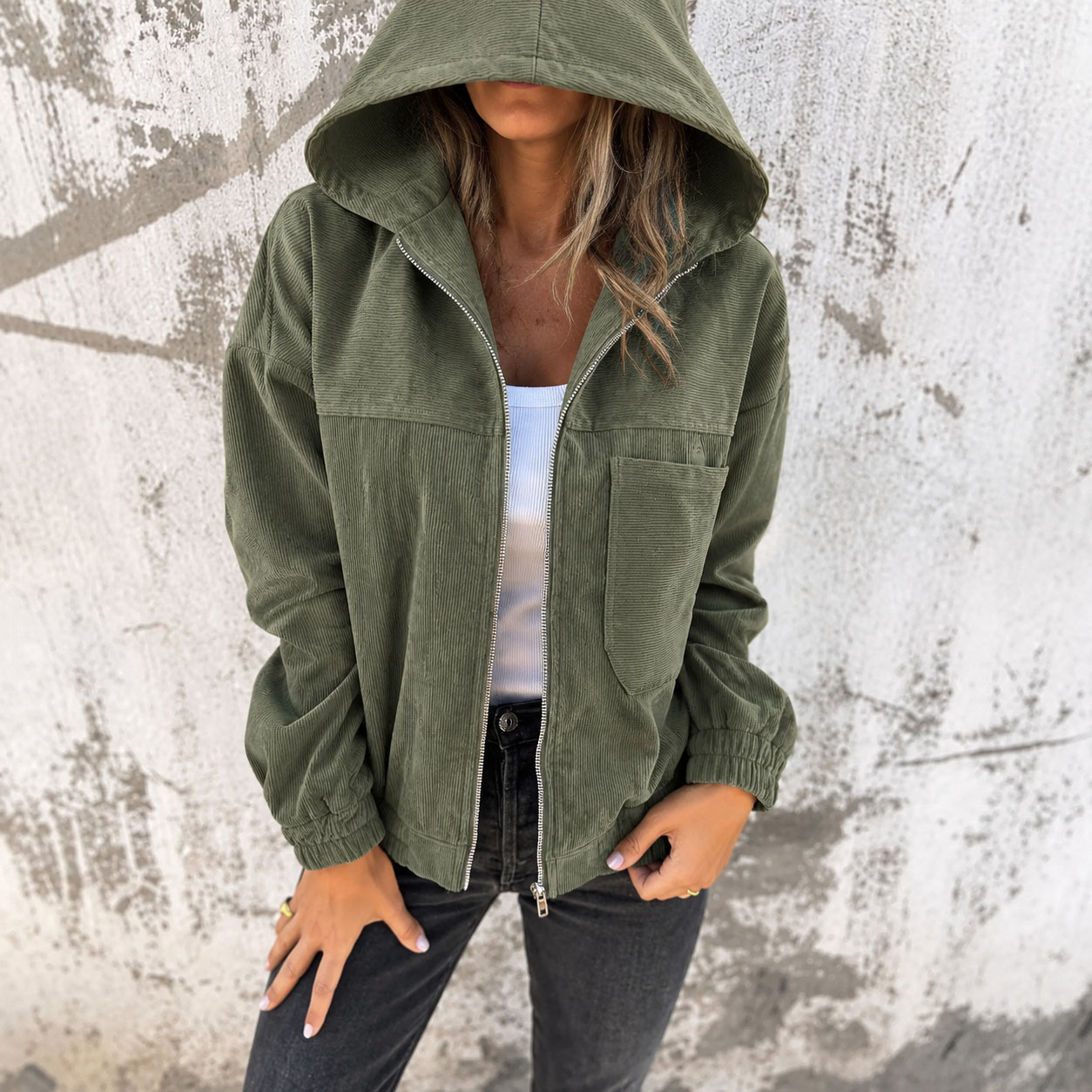 Women’s Corduroy Hooded Jacket Zip Up Casual Coat with Pockets Long Sleeve Relaxed Fit Fall Winter Outerwear